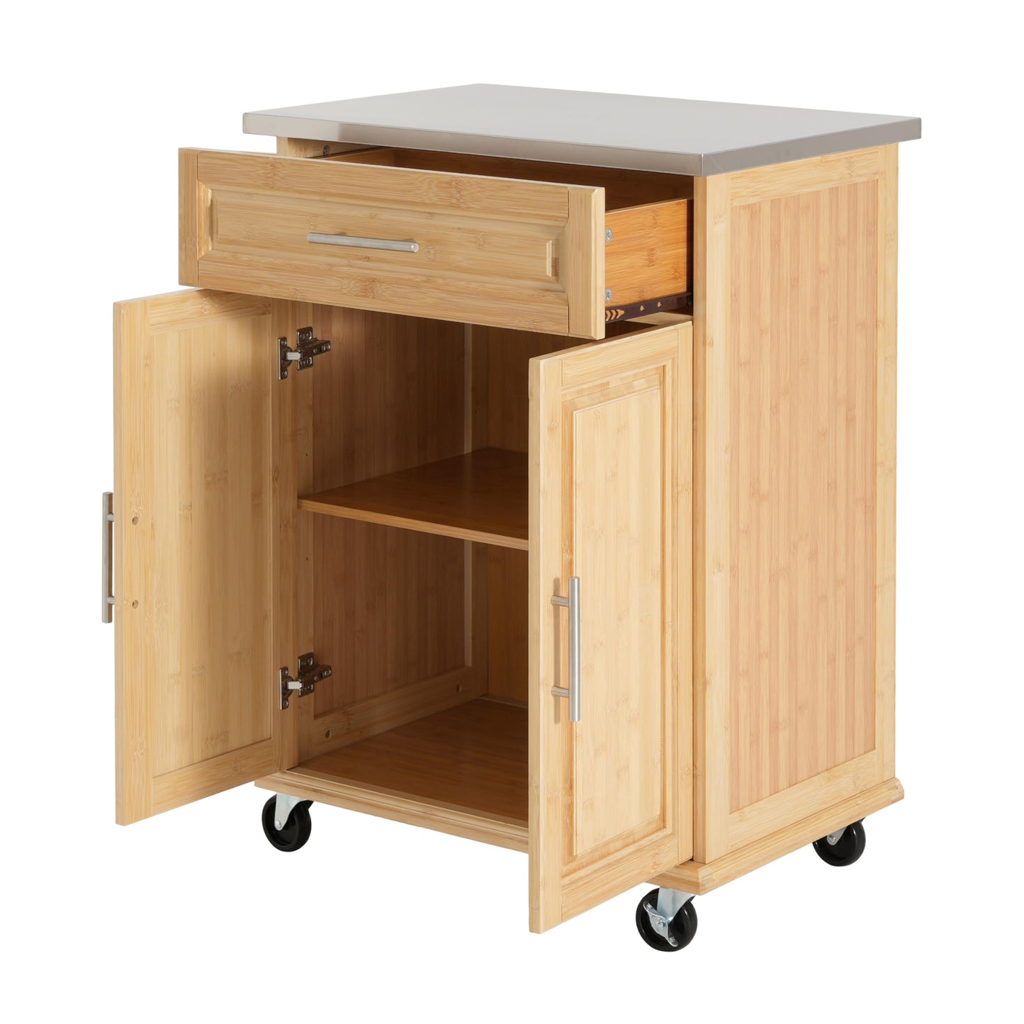 Merax Indoor Compact Bamboo Rolling Kitchen Cart with Stainless Steel Top – Mobile Storage Island with Drawer & Cabinet for Small Spaces