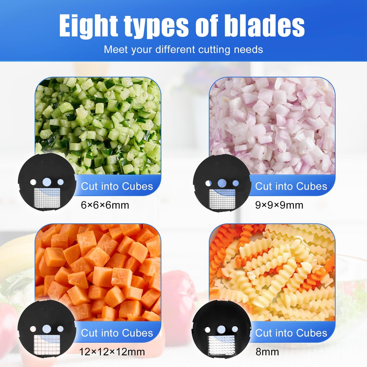 MOGAN 8-In-1 Electric Vegetable Cutter, Commercial Vegetable Slicer Fruit Slicer Machine, Veggie Food Processor Dicer Chopper Stainless Steel Blades for Slicing Shredder Dicing for Home and Kitchen