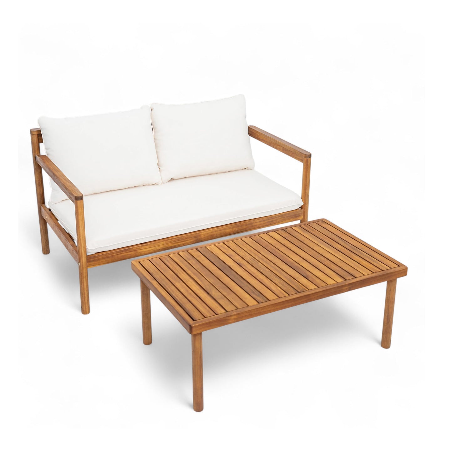 Christopher Knight Home Vorms 4-Piece Acacia Wood Patio Furniture Set with Rope Backrest, Patio Conversation Chat Set for Backyard Balcony, Outdoor 4-Seater Seating Group with Coffee Table, Teak+Cream