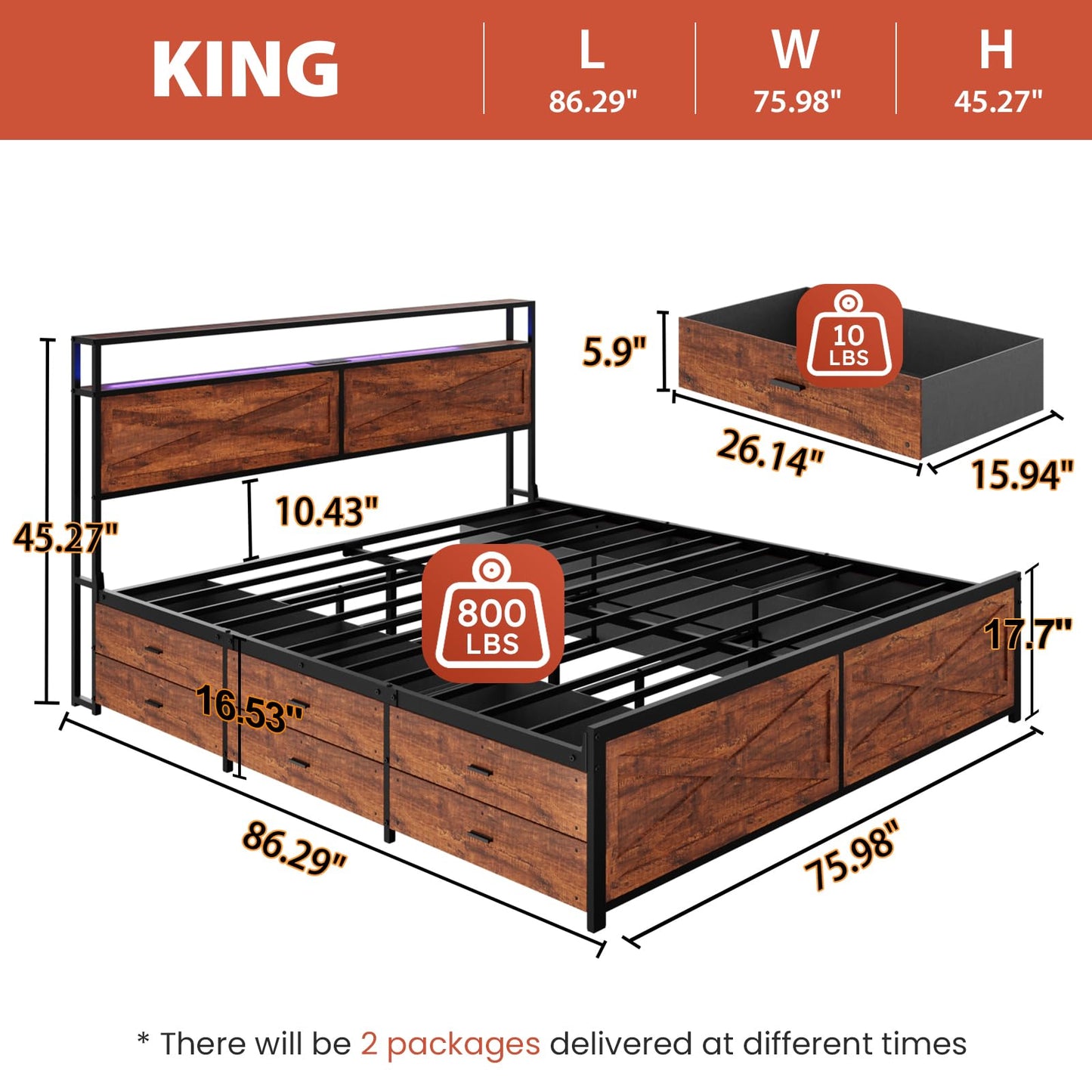 Kiivakii King Size Bed Frame with 12 Storage Drawers, LED Headboard with Charging Station, Metal Bed Frames, No Box Spring Needed, Noise Free, Stable and Solid, Red Brown
