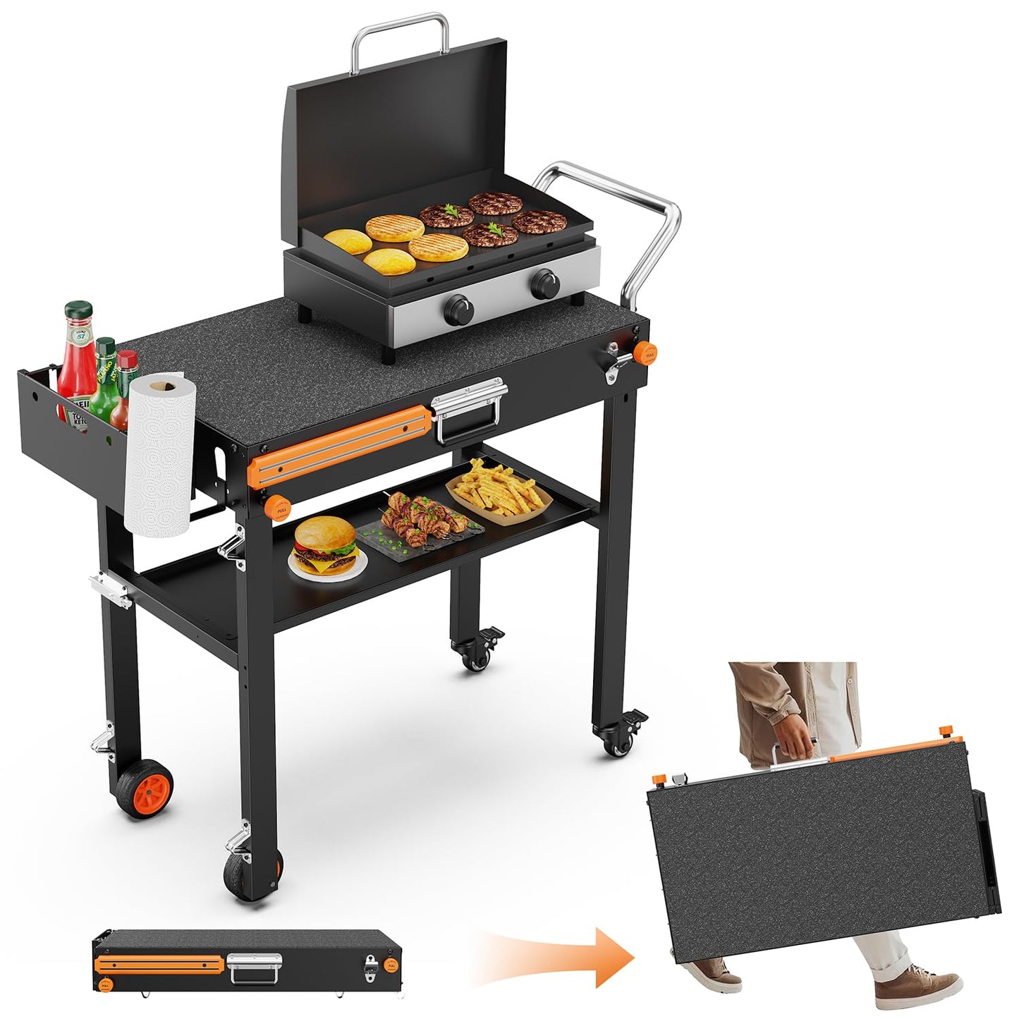 AOKEMAi Grill Table for Blackstone Griddle 17” or 22”, Portable Grill Cart with Wheels for Ninja, Outdoor Grill Table with Large Space, Foldable Griddle Stand ＆ BBQ Prep Tables for Tailgating Camping