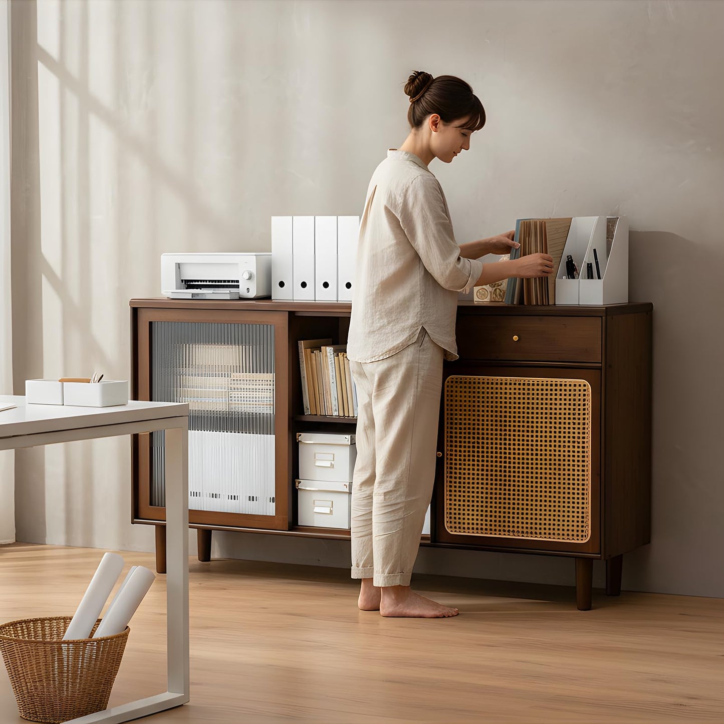 Tiita Bamboo Sideboard Buffet Cabinet, Rattan Kitchen Storage Cabinet with Drawer, Boho Coffee Bar Tables for Kitchen Hallway Office, Walnut