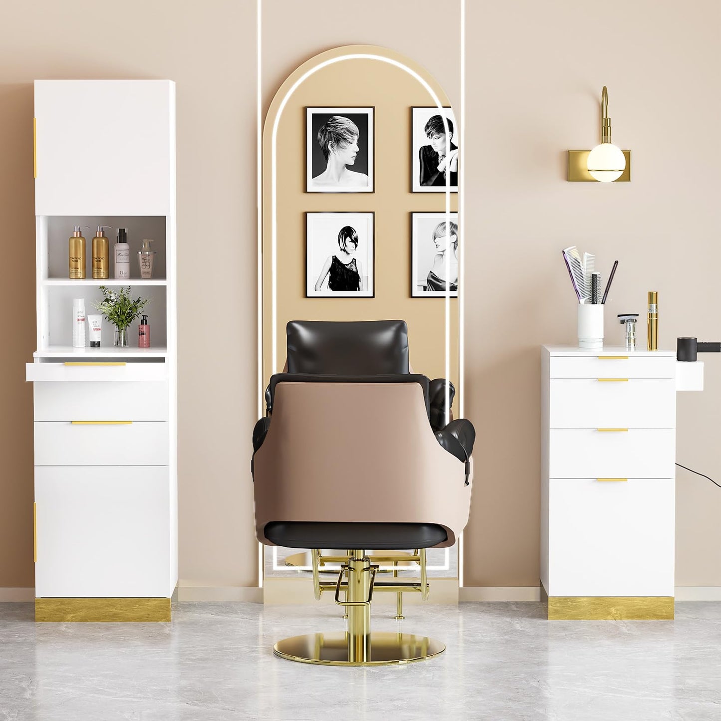 OmySalon Salon Stations for Hair Stylist, Barber Station with Storage Cabinet & Drawers & Hair Dryer Holders, Modern Beauty Salon Spa Equipment for Barbershop, White Gold