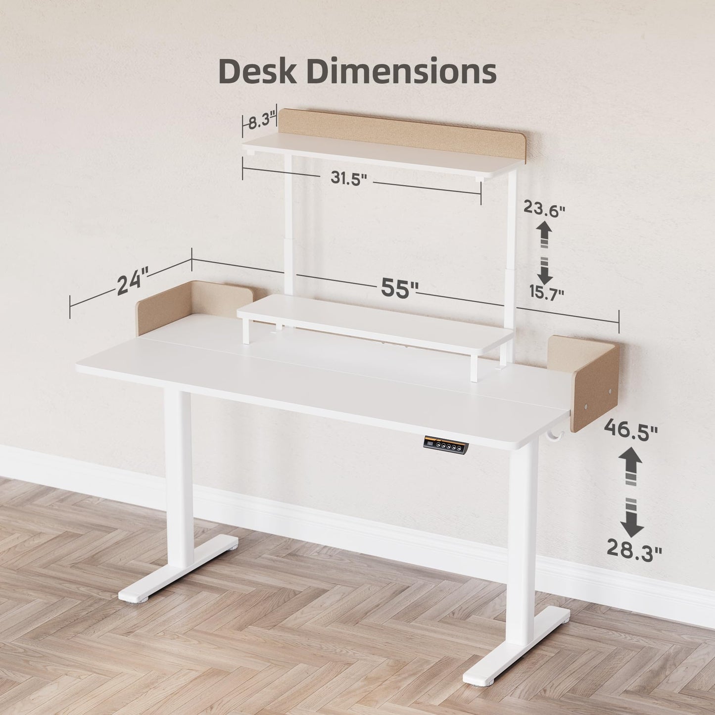 Claiks Electric Standing Desk with Monitor Stand, 55 Inches Electric Height Adjustable Desk with Removable Shelves, Stand Up Computer Desk Workstation, White