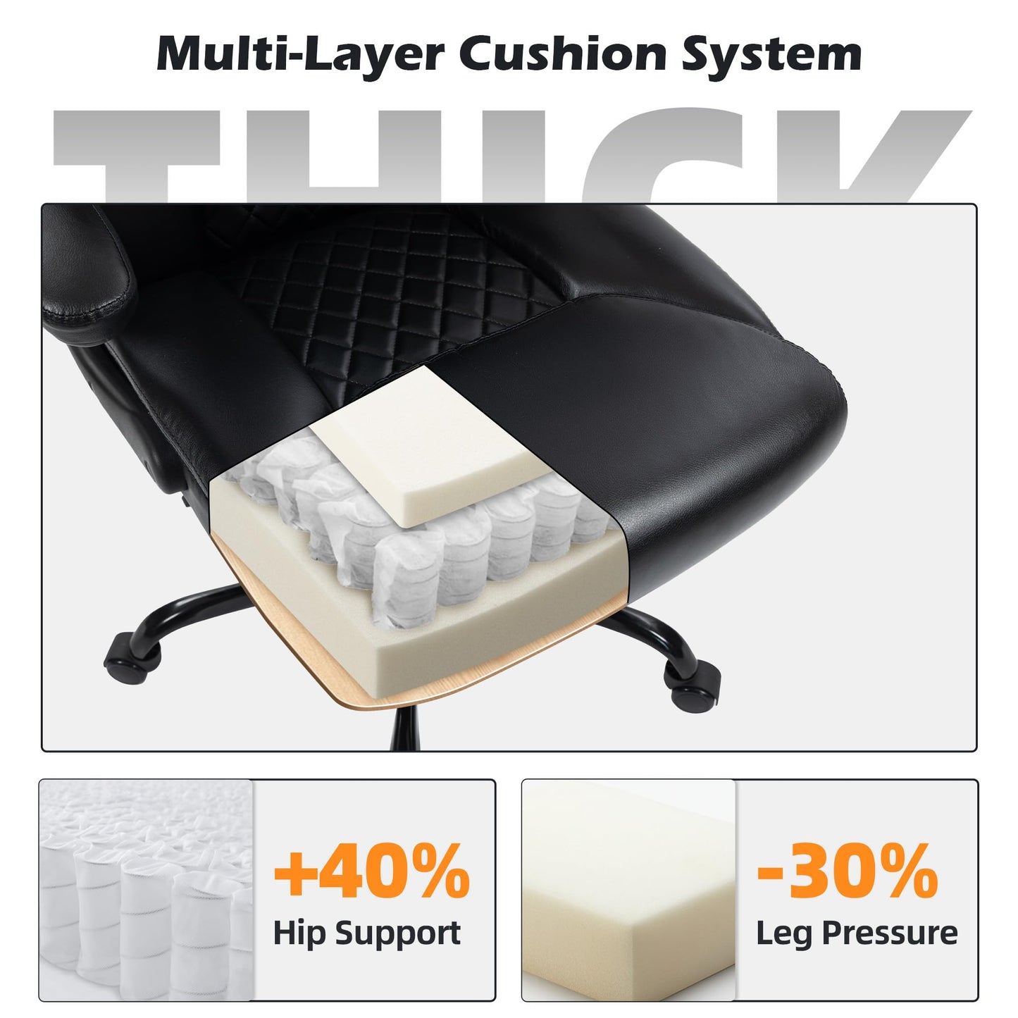 Office Chair - Ergonomic High Back Computer Desk Chair with Rocking Function & Lumbar Support - Executive Comfortable Wide Swivel Rolling Office Leather Chair with Flip-up Armrests for Home Gaming