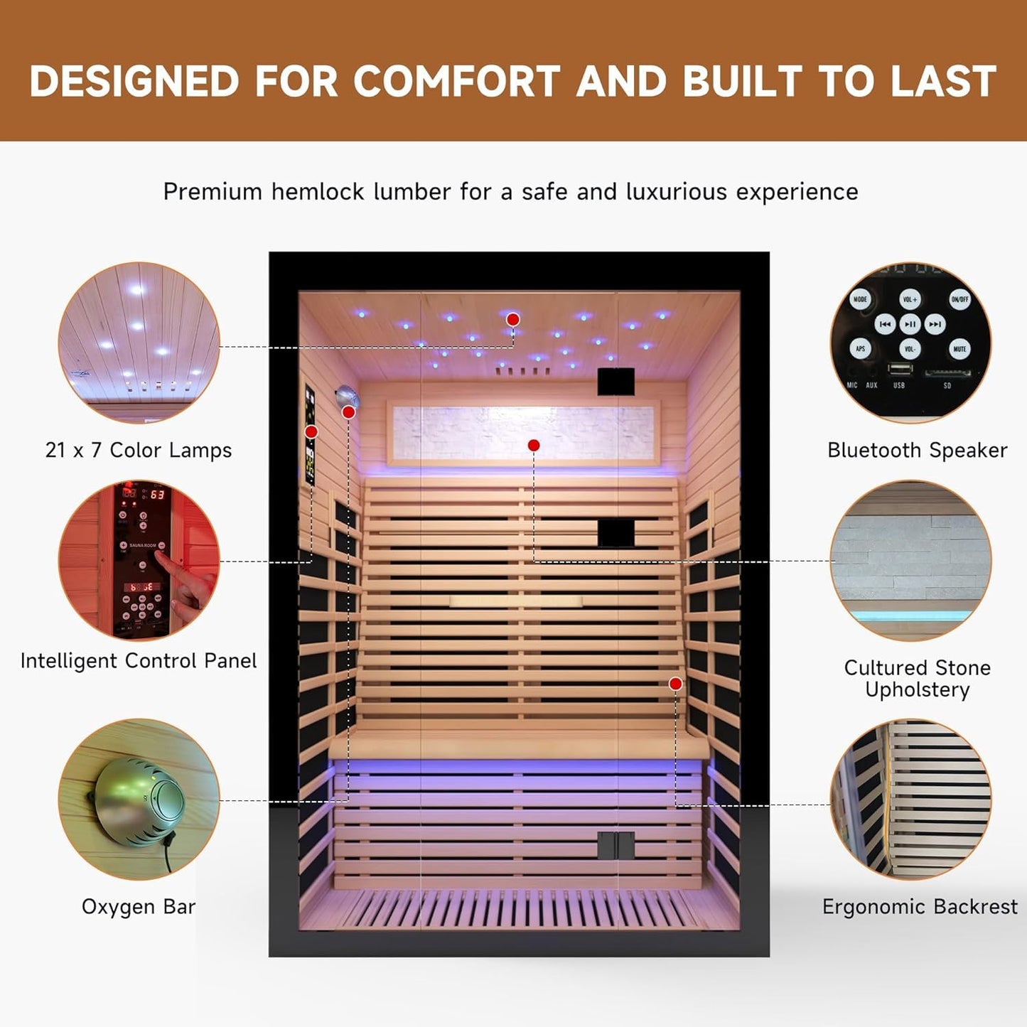 Infrared Sauna for 2 Person, Far Infrared Home Dry Sauna, Low EMF Canadian Hemlock Wood Sauna for Men Women Elder Indoor Use, Starry Starlight Ceiling, Fast Heating Easy Assembly 53.2×47.2×74.8"