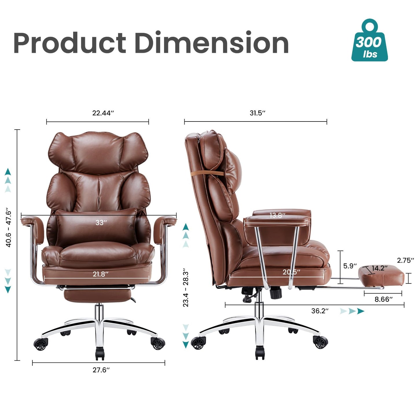 OLIXIS Home Office Desk Chair Comfy with Foot Rest, PU Leather Ergonomic Big and Tall High Back Support, 360° Swivel Wheels, Armrests and Detachable Pillow, Height Adjustable, Modern Brown