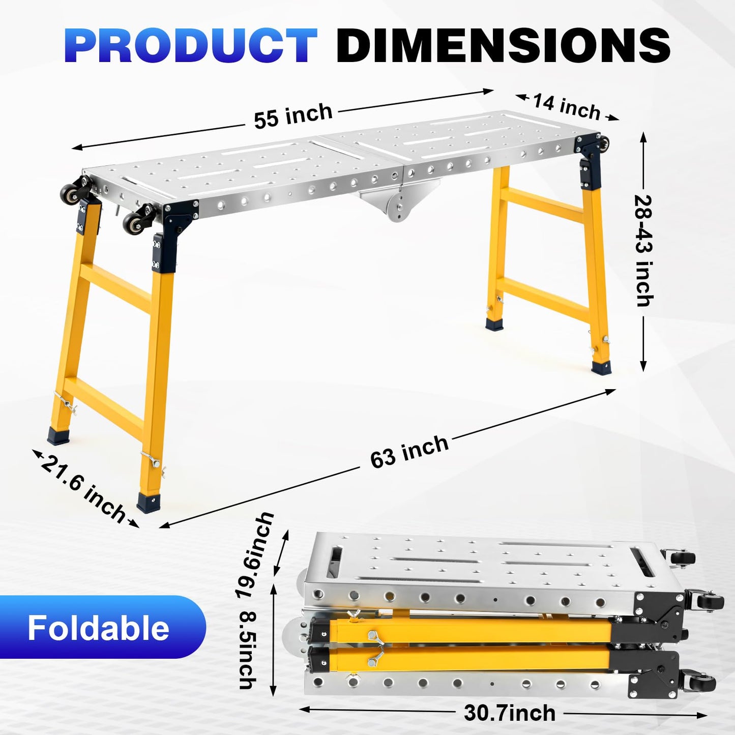 Gisafai Steel Welding Table Heavy-Duty Portable Work Platform with Casters 1100 Lbs Load Capacity Adjustable Height 55 x 14 Inch Galvanized Top Table Versatile Folding Bench