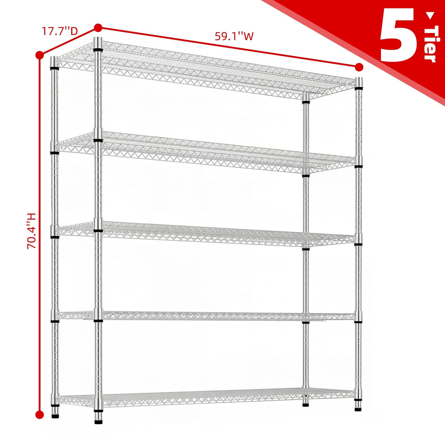 M MZG 5 Tiers Storage Shelves Load 3300 LBS, Metal Shelving Wire Metal Shelving Unit Shelves for Storage Adjustable Garage Shelving for Pantry Kitchen Garage Light Chrome 17.7X 59.1 x 70.4 inch
