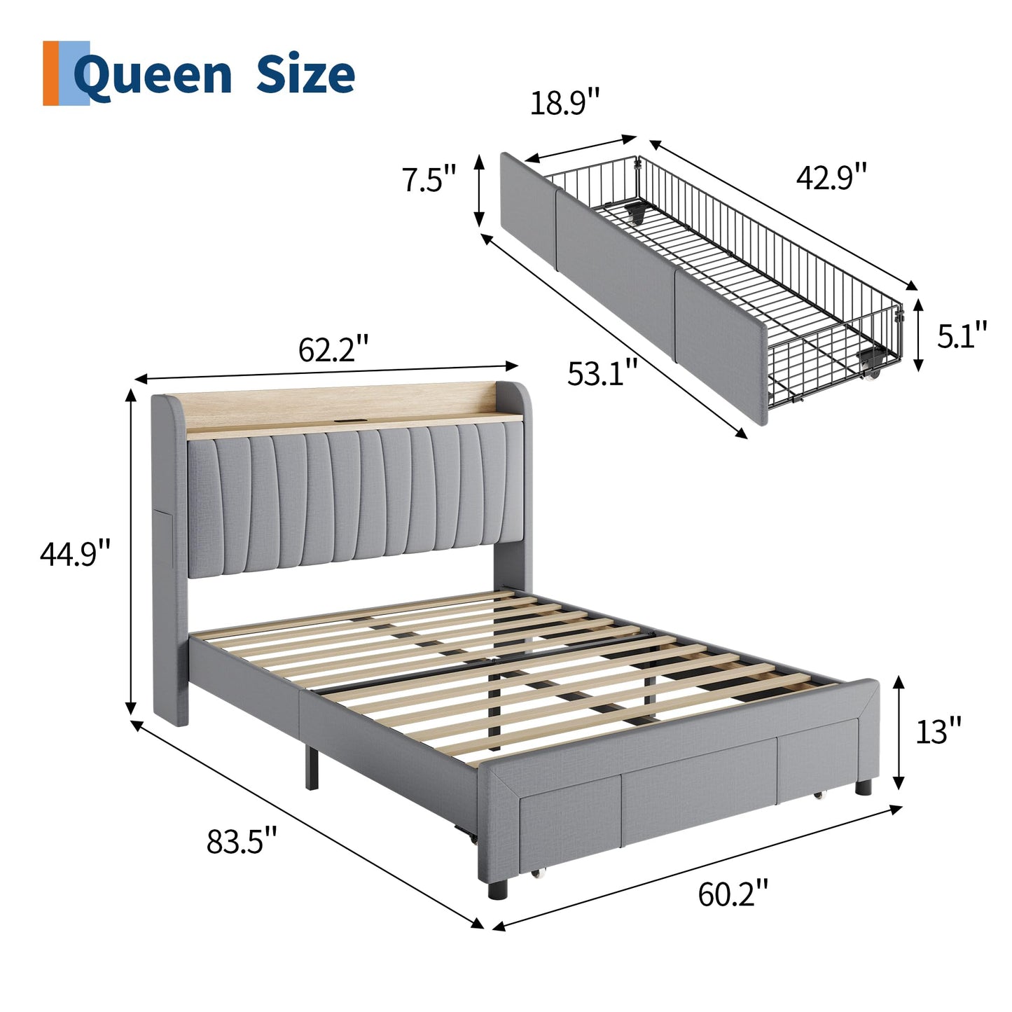 Queen Size Upholstered Platform Bed Frame with Storage Headboard and Charging Station (2 USB & AC), Drawers, Uniform Wood Slats, No Box Spring Needed, Noise-Free, Easy Assembly, Light Gray