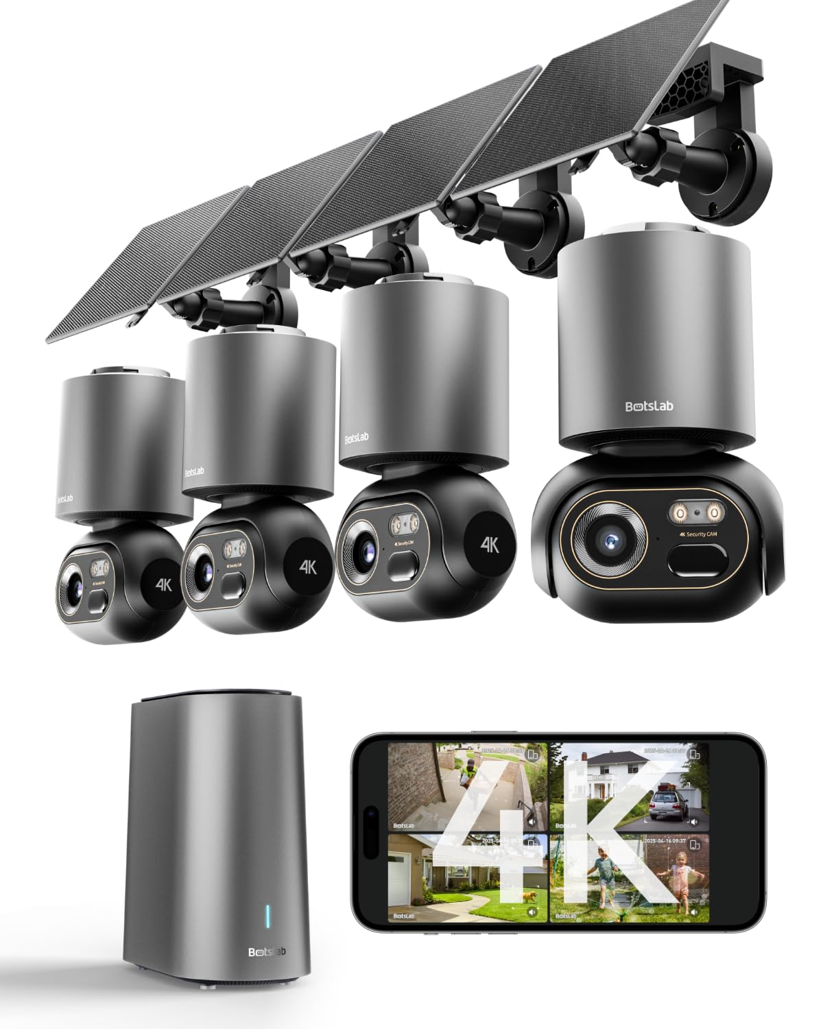 BOTSLAB 4K Security Cameras Wireless Outdoor, No Subscription, 4 Cam-Kit,Solar Camera for Home Security with Full Color Night Vision,32GB Local Storage Base Station,AI Recognition,360° PTZ,2.4GHz WiFi