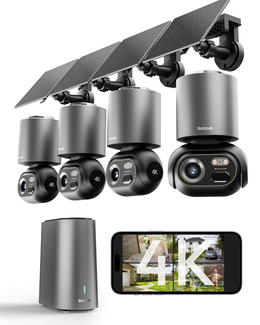 BOTSLAB 4K Security Cameras Wireless Outdoor, No Subscription, 4 Cam-Kit,Solar Camera for Home Security with Full Color Night Vision,32GB Local Storage Base Station,AI Recognition,360° PTZ,2.4GHz WiFi