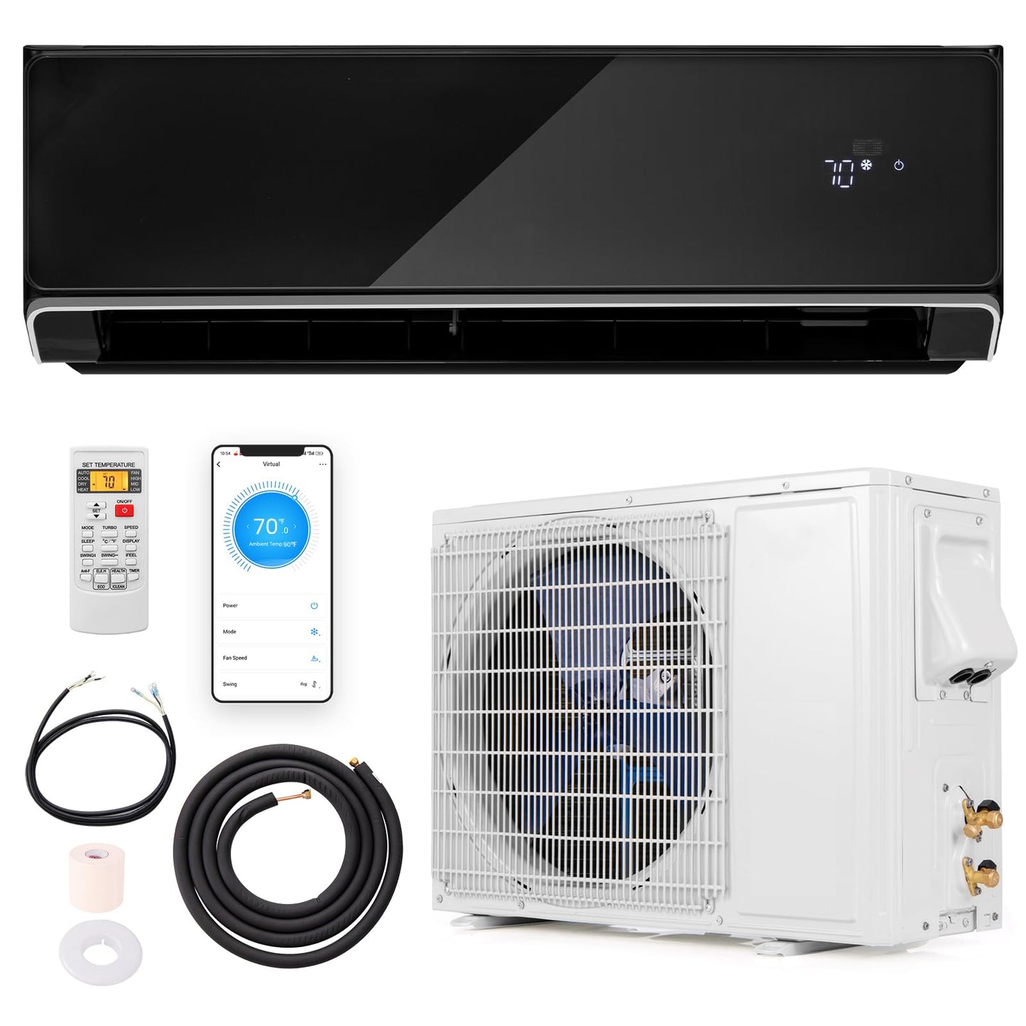 GLACER 12000 BTU Mini Split Air Conditioner & Heater, 22 SEER2 Inverter AC Unit Cools Up to 750 Sq. Ft, Wall-mounted Tubeless Split-System with Mounting Kit (Black, 12000BTU, 208-230V, 22 SEER2-WIFI)