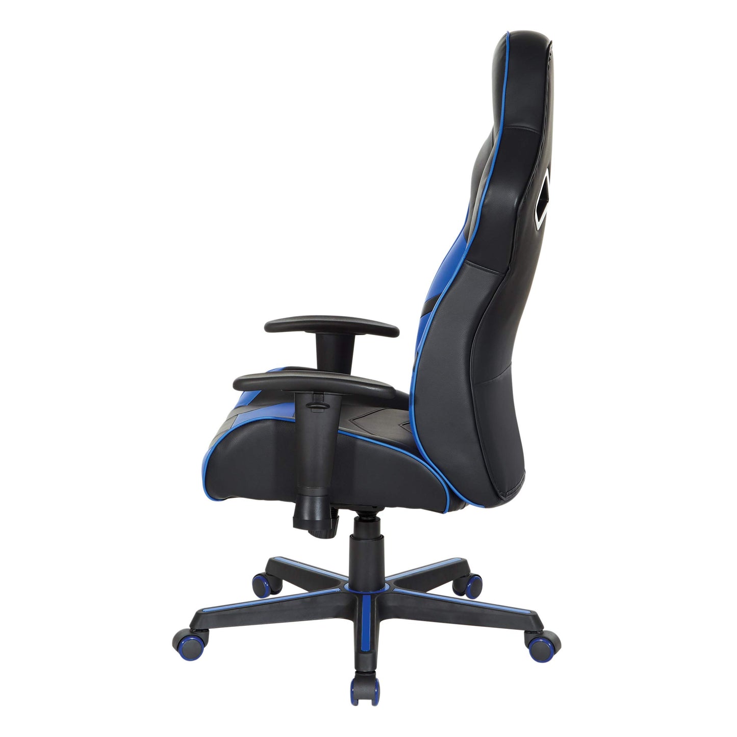 OSP Home Furnishings Vapor Ergonomic Adjustable High Back Faux Leather Gaming Chair with Coil Spring Seat and Integrated Cooling Airflow, Blue Accents