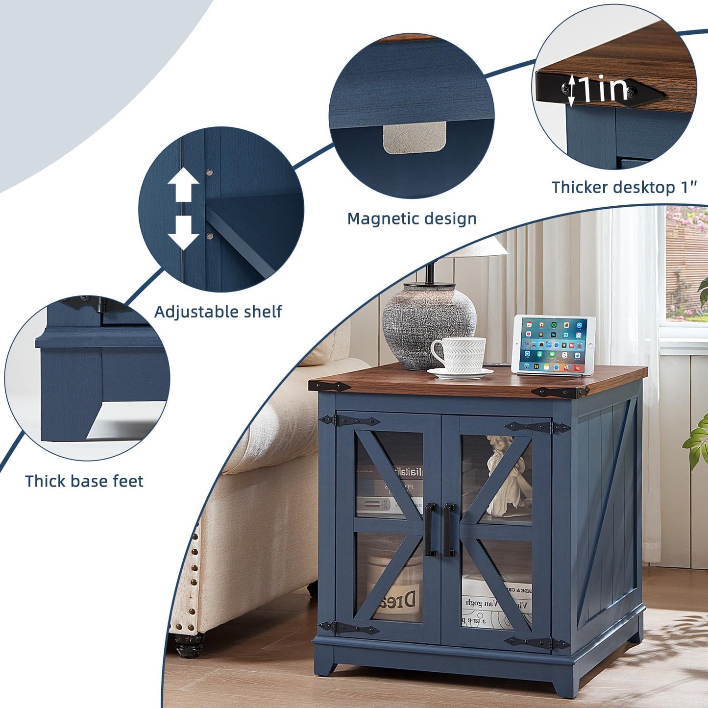Joaxswe End Table Set 2 with Charger Station, Farmhouse 18'' Narrow Night Stand and 24" Square Side Table with Glass Barn Door Storage, Wood Nightstand Bedside Tables for Living Room Bedroom