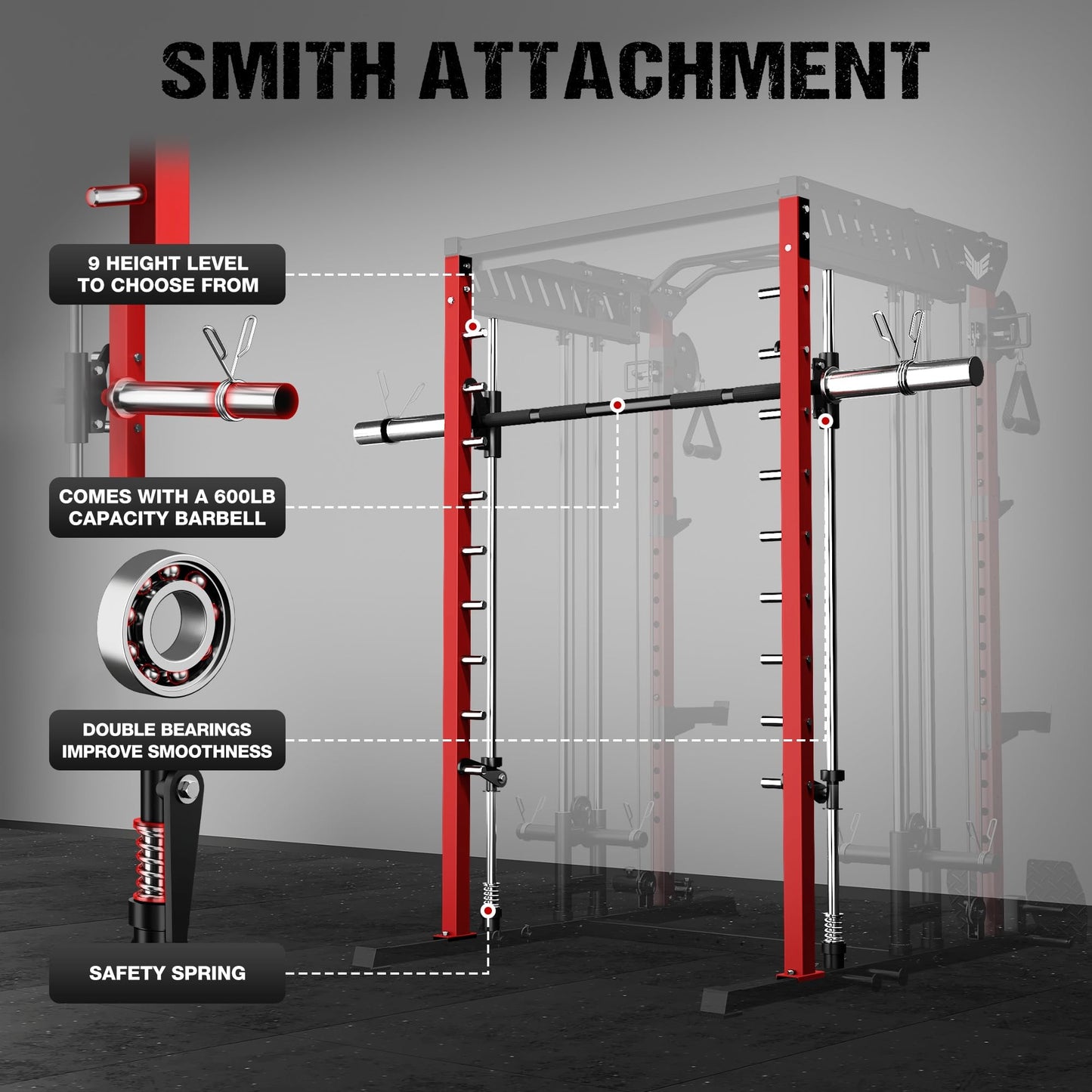 JELENS M21 Smith Machine, Multi-Function Power Cage with Dual Pulley Cable Crossover System, 2000LBS All-in-One Squat Rack with Smith Bar and Attachments (Red, M21 Smith Machine)