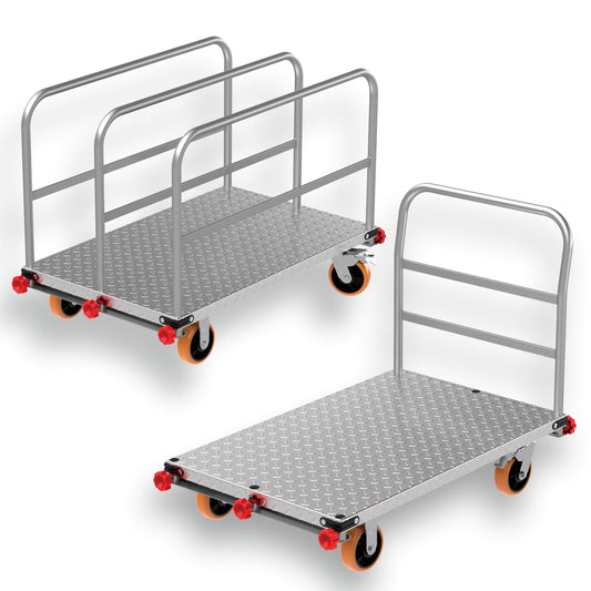 2-in-1 Steel Panel Cart with 3000 lbs Capacity Lumber Drywall Dolly Cart, 6" Swivel Brake Wheels Heavy Duty Table Truck Flatbed Cart with 1Front and 3Side Handrails 44 X 28inch 2mm