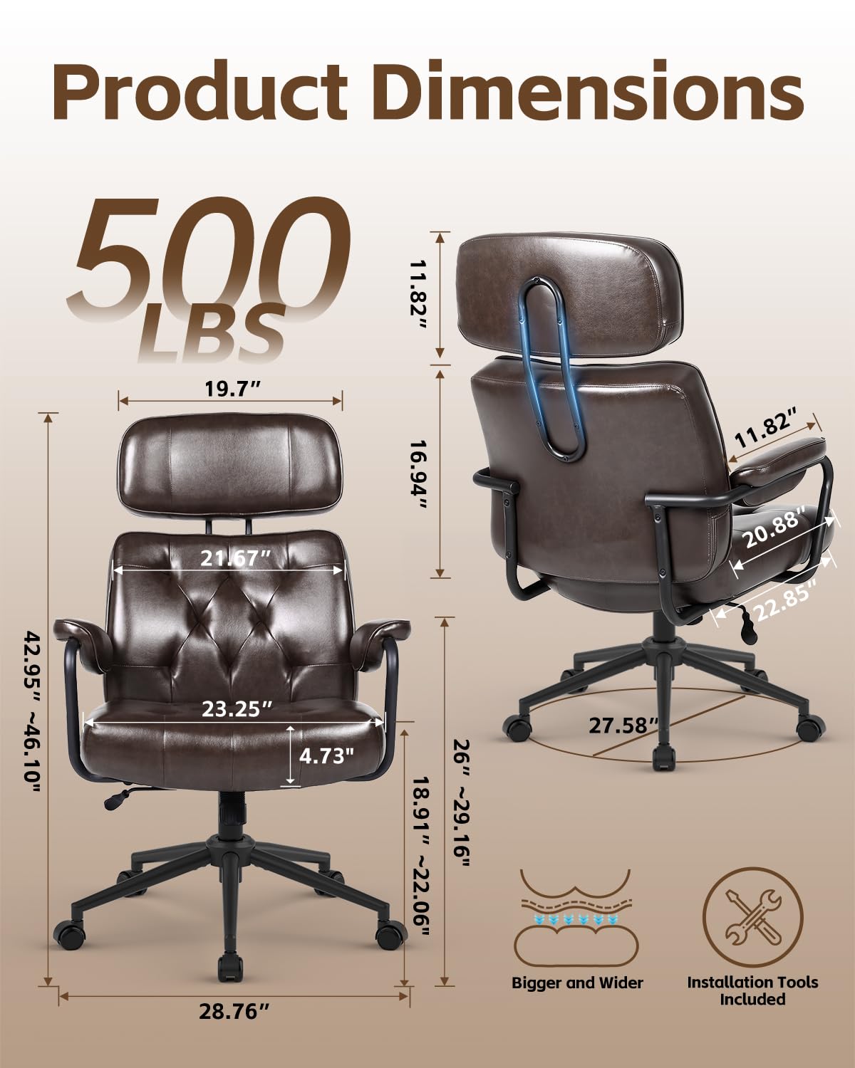 Mid Century Modern Home Office Desk Chair, Ergonomic Office Chair Big and Tall, High Back Executive Office Chair Leather Extra Wide, Computer Chair Comfy, Adjustable Height Rolling Chair, Chocolate