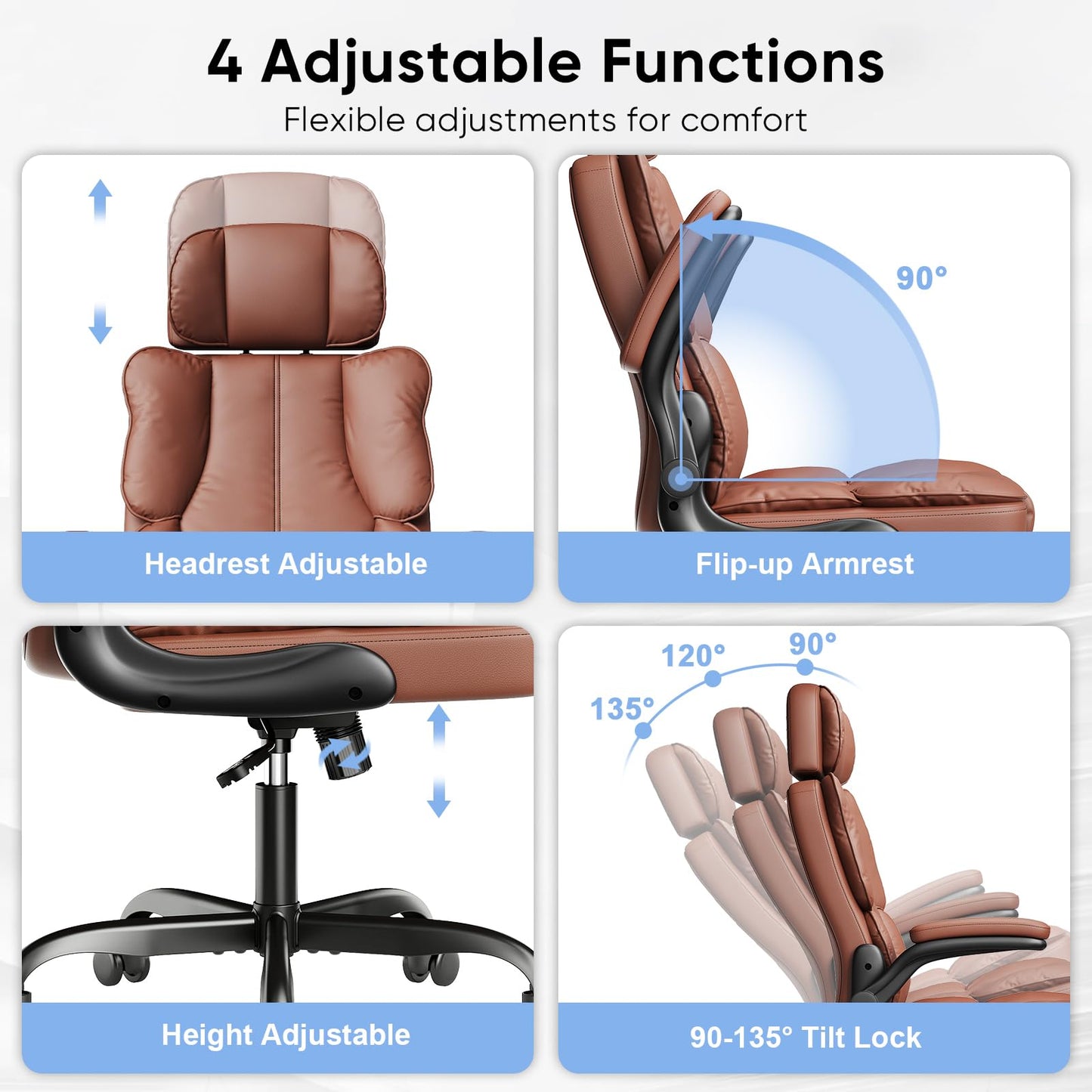 Kensaker Office Chair with Adjustable Headrest & Lumbar Support for for Lower Back Pain Relief, Executive PU Leather Chairs Comfy with Double Padding & 135° Rocking for Home Office, Brown