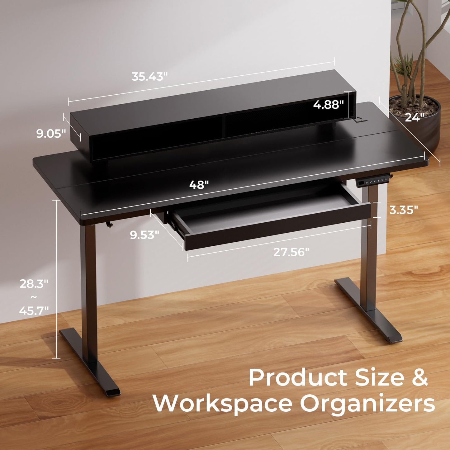 GTPLAYER Electric Standing Desk with Drawers, 48 x 24 Inch Height Adjustable Gaming Desk with Monitor Stand, Power Outlets & LED Lights, Home Office Sit Stand Up Desk with Memory Preset (Ebony Black)