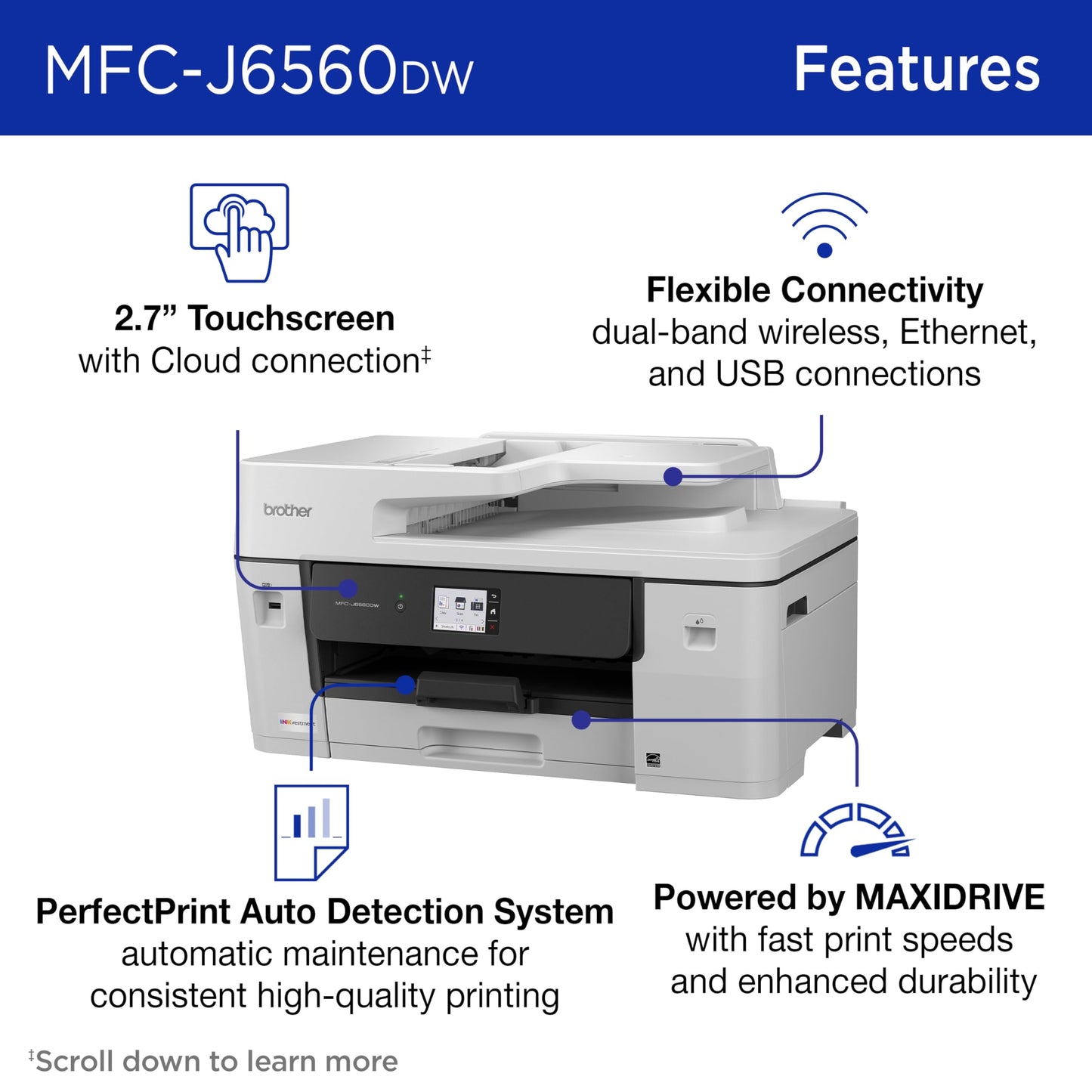 Brother INKvestment 6560 Wireless Color Inkjet All-in-One Printer with 11”x17” Capabilities and 2.7” Color Touchscreen | Includes Refresh Subscription Trial(1) (MFC-J6560DW)