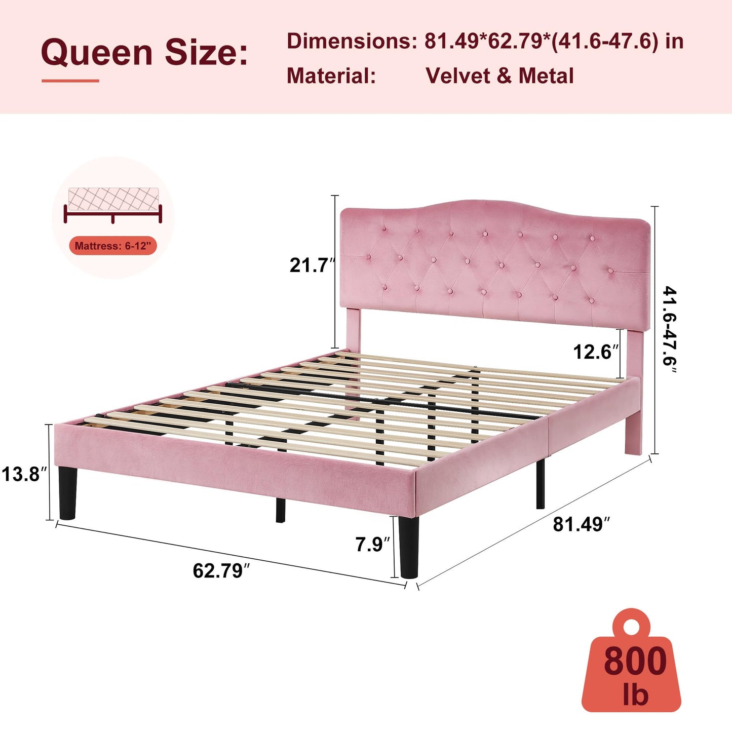 VECELO Queen Size Bed Frame with Upholstered Headboard, Velvet Platform Bedframe Mattress Foundation, Sturdy Wooden Slats Support,No Box Spring Needed Noise Free/Easy Assembly,Pink