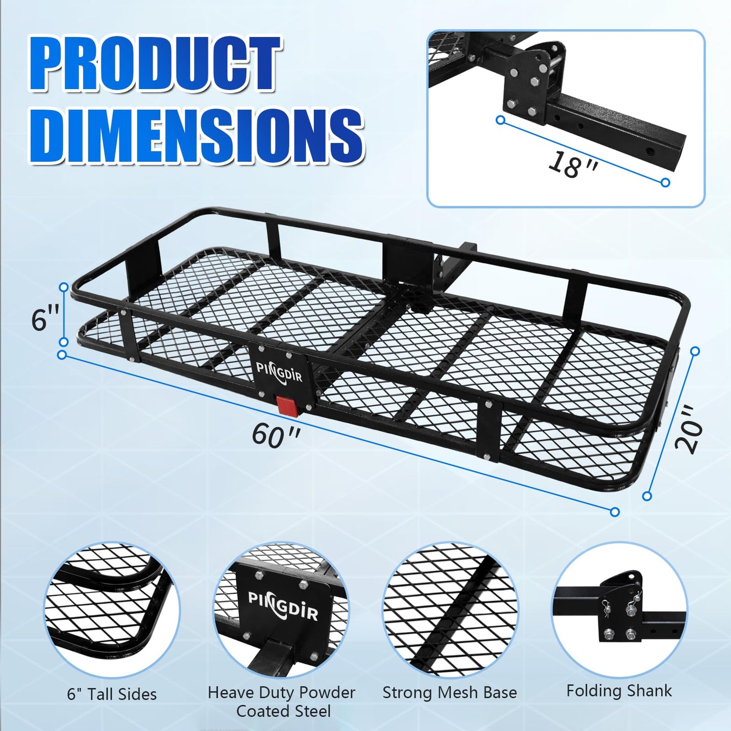 PINGDIR Folding Hitch Mount Cargo Carrier Hitch Rack Basket 60"*21.5"*6" Hauling Weight Capacity of 500 Lbs, Waterproof Cargo Bag 58" 19" 24", with Hitch Stabilizer,Cargo Net and Ratchet Straps