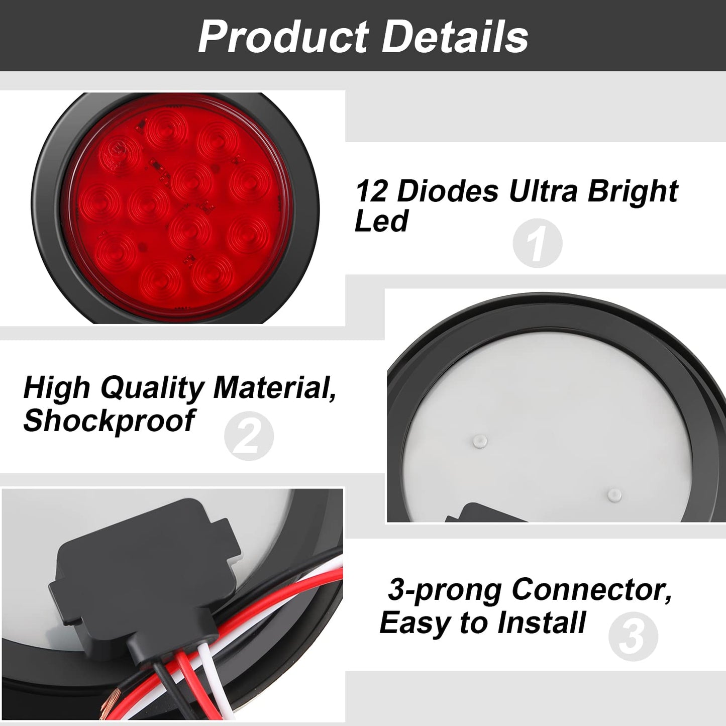 BBTO 12 Pcs 4 Inch Round LED Trailer Tail Lights, Waterproof Brake Stop Turn Marker Lights, Plastic, Red