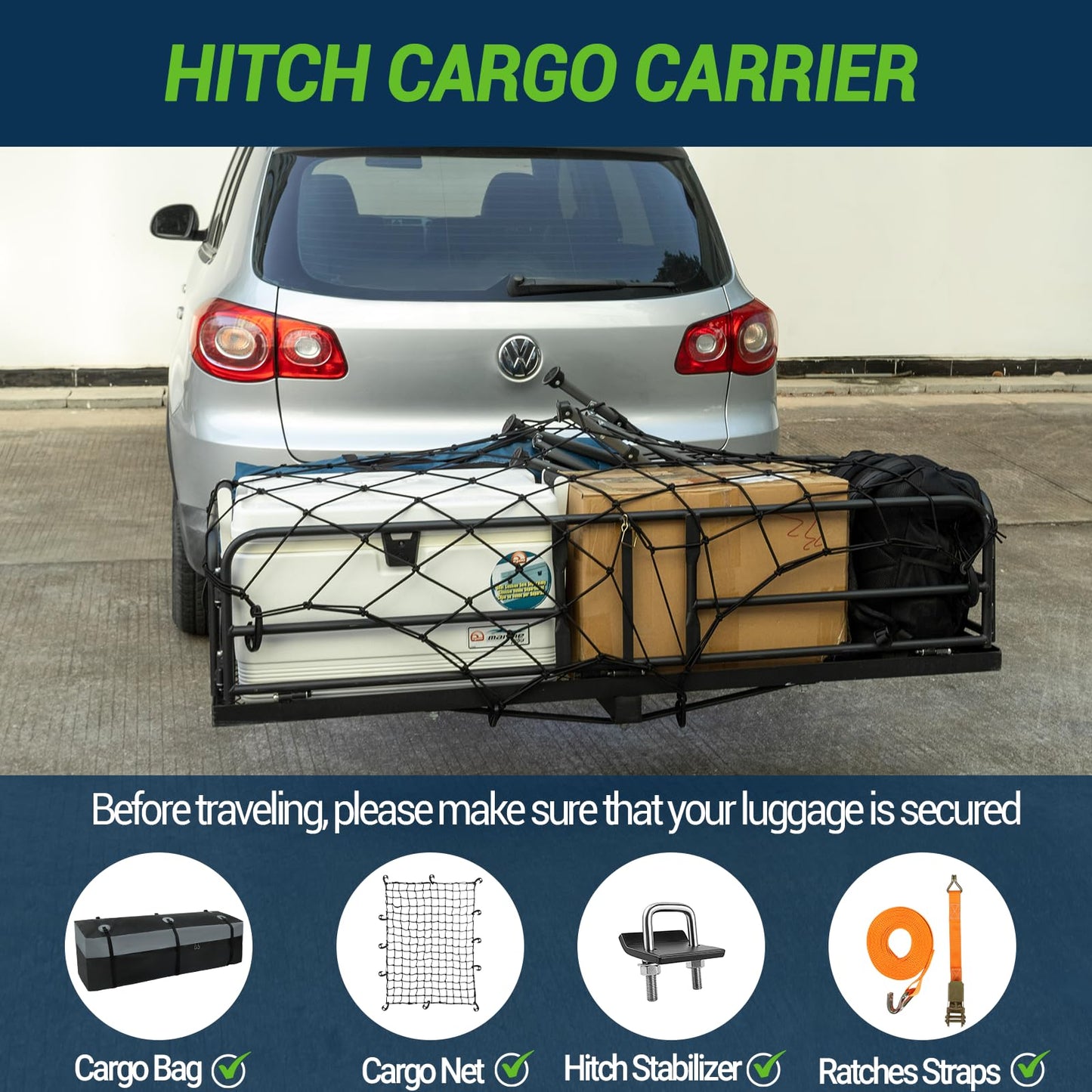 Season Guard Hitch Cargo Carrier with High Side Rails, 60"x24"x14" Folding Basket Rack, Heavy Duty Luggage Platform Fits 2" Receiver for SUV, RV, Truck, Cargo Net, Strapes, Waterproof Bag Included