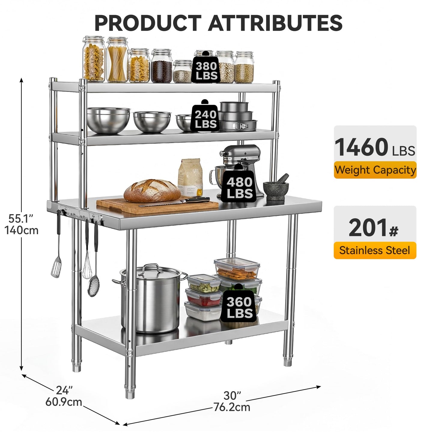 DWVO 30x24in Stainless Steel Table with Adjustable Overshelf