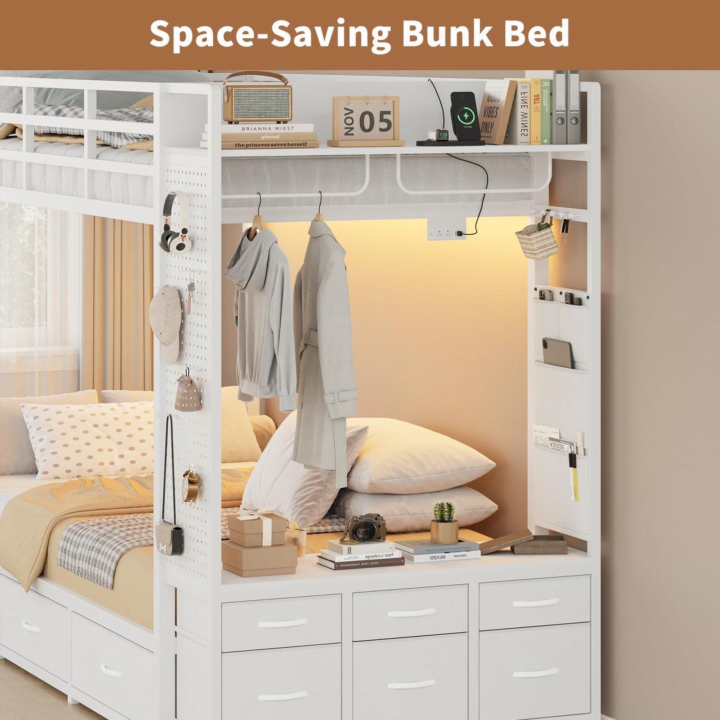 Bunk Bed Twin Over Twin with 9 Drawers & Hanging Rod, Low Loft Metal Bed with Charging Station & LED Lights, Sturdy Bed Frame with Pegboard & Storage, No Box Spring Needed, for Bedroom, White
