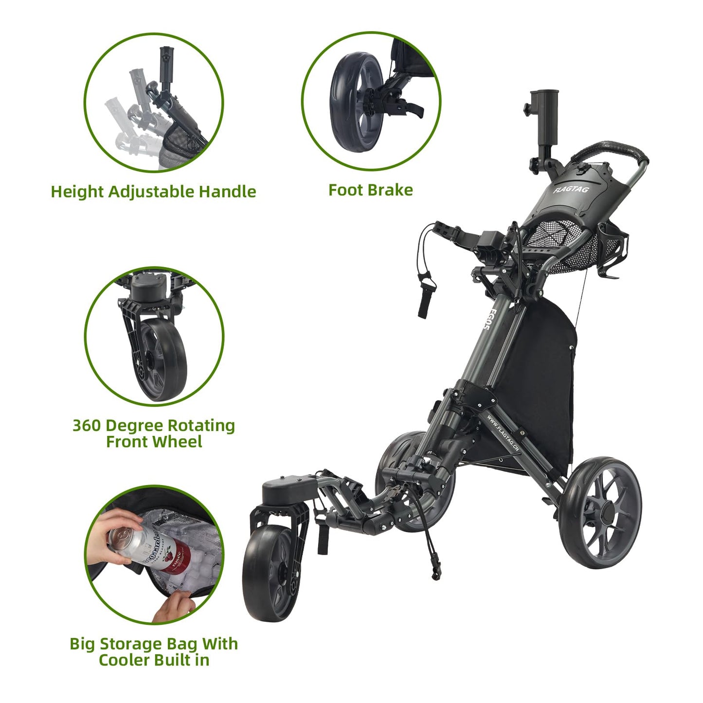 FLAGTAG Golf Push Cart 3 Wheel with 360 Swivel Front Wheel,Lightweight and Foldable Walking Golf Cart，One-Click Foldable,with Foot Brake