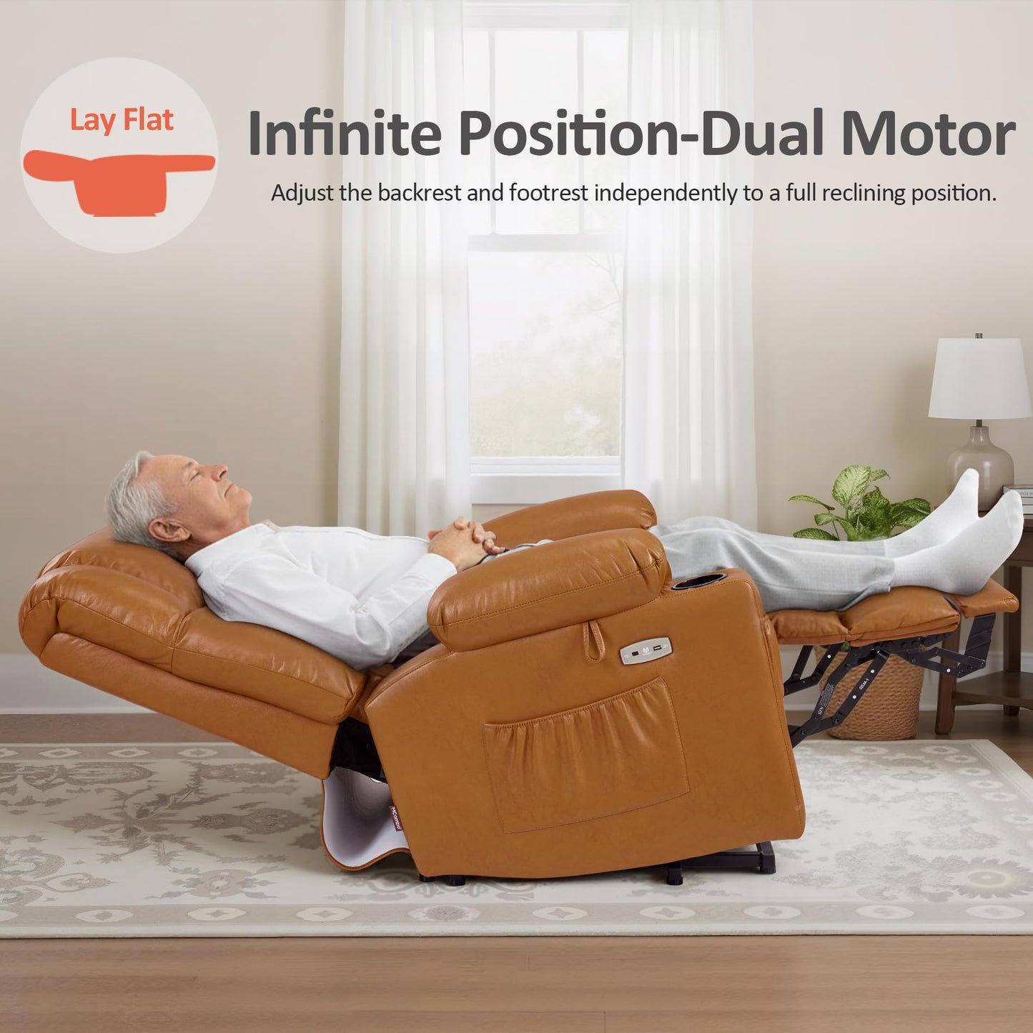 MCombo Dual Motor Power Lift Recliner Chair for Elderly, Lay Flat Lift Chair with Heat and Massage, Cup Holders, USB Ports, Faux Leather 7890 (Tawny, Medium)