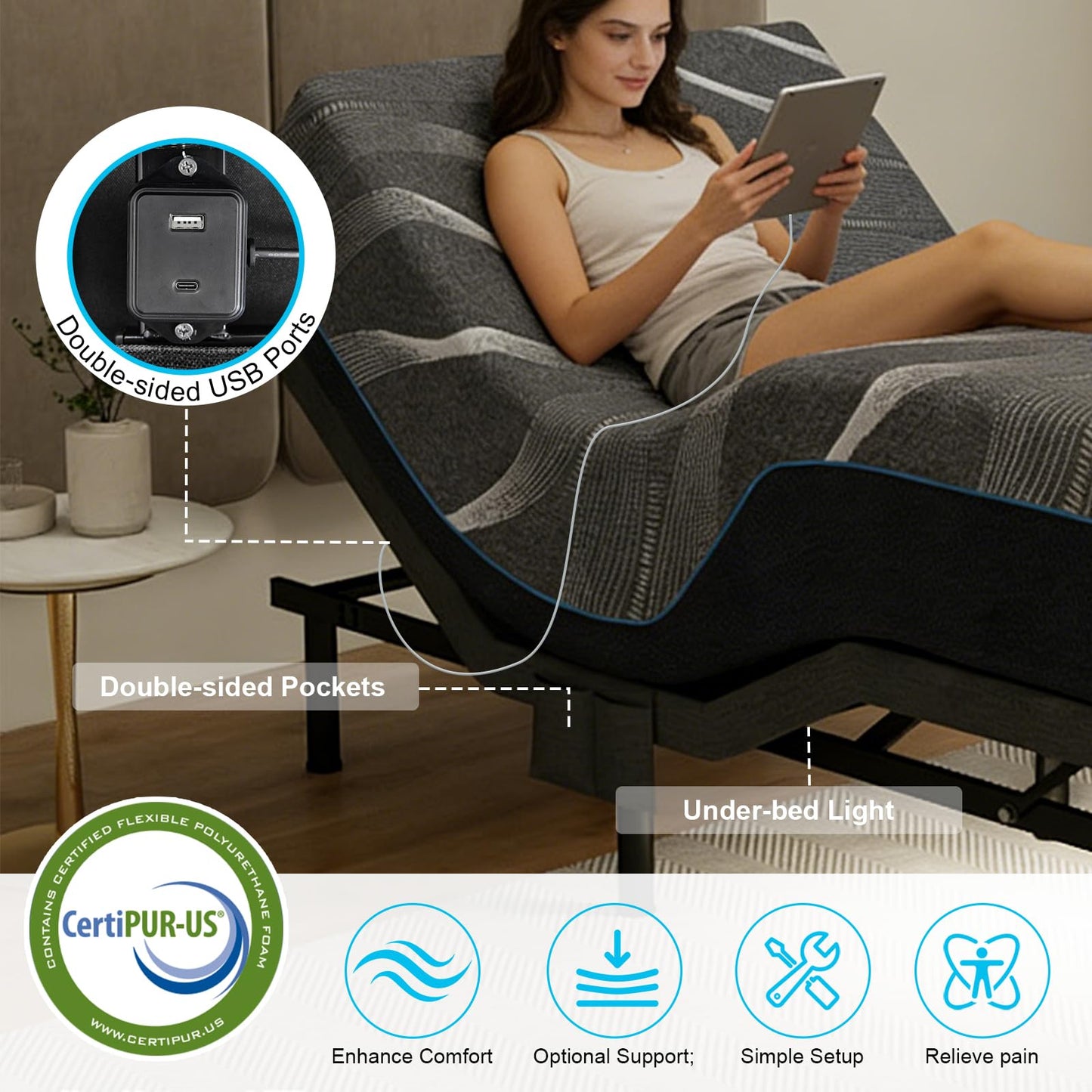 Vipbear Twin XL Adjustable Bed Frame with Mattress - 14 Inch Grey Gel Memory Foam Firm Mattress in Box, Adjustable Bed Base with Under-Bed LED Light, USB Ports,Wireless Remote