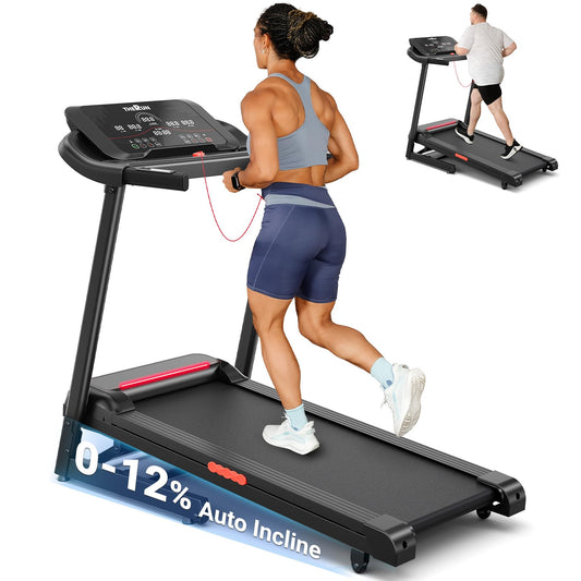 THERUN Treadmill with Incline 12% Auto Adjust, 3.0 HP Treadmill with LED Strip, Heart Rate Monitoring Incline,16.5" Wider Running Belt