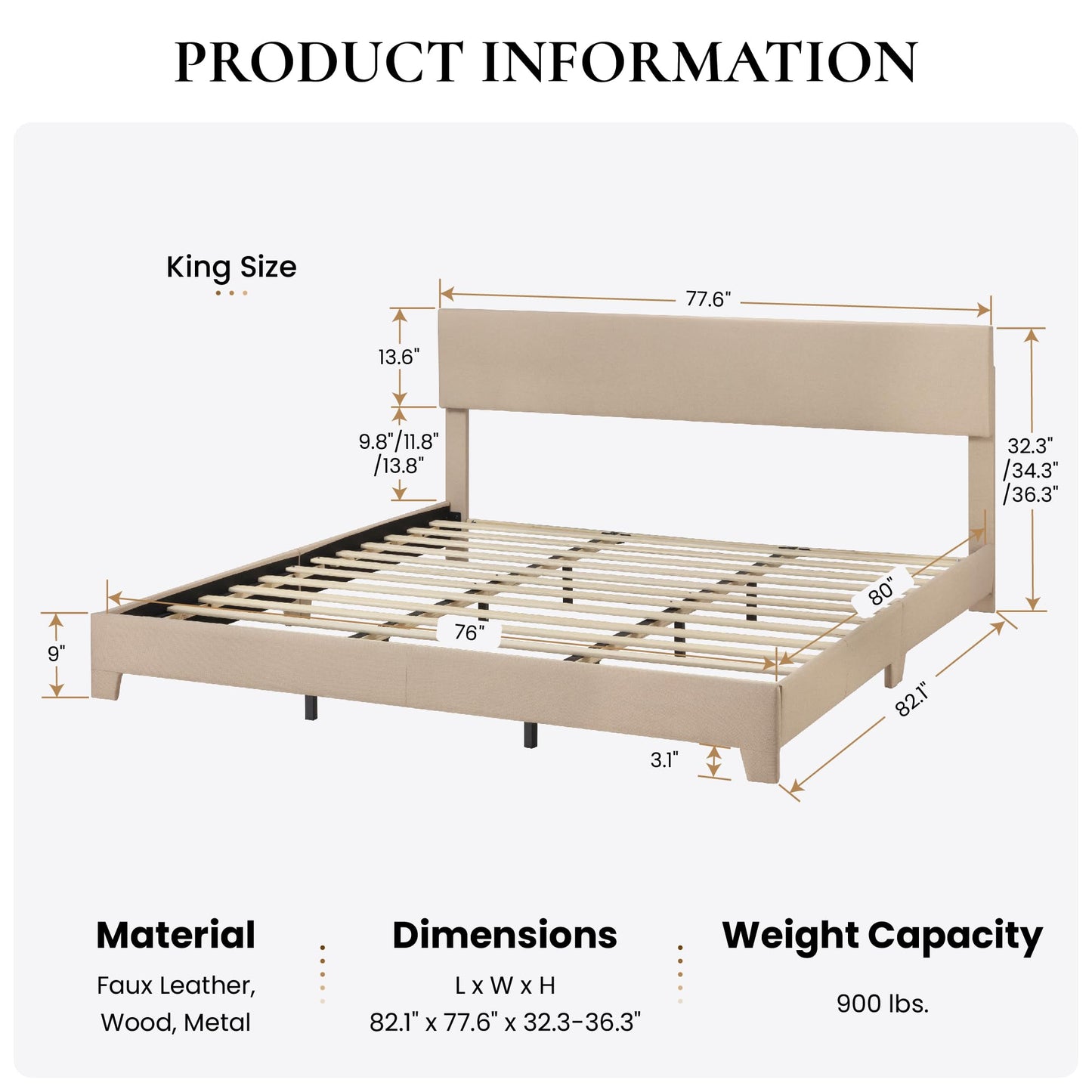 SHA CERLIN Linen Upholstered King Size Bed Frame with Headboard, Beige