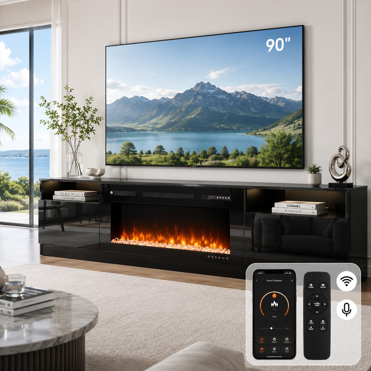OneBlis 90" Fireplace TV Stand for TVs Up to 100",Entertainment Center with 50” Electric Fireplace and 12 Colors LED Lights,Large TV Console with Storage Cabinet for Living Room,All Black