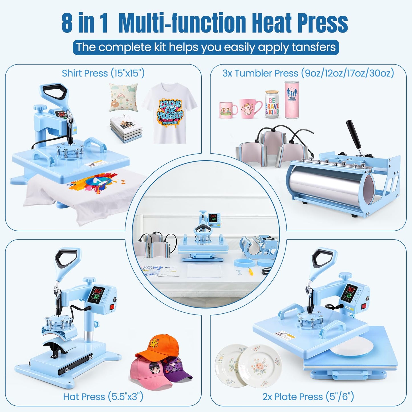 AKEYDIY Heat Press 15x15 inch 8 in 1 with 30OZ Tumbler Press, 360° Swivel Away Slide Out Digital Shirt Press Machine, Industrial Heat Transfer Machine Sublimation for T-Shirt (15x15-8 in 1 Blue)