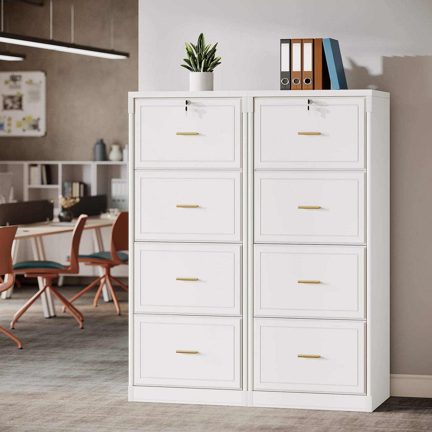 LITTLE TREE 4-Drawer File Cabinet with Lock, Large Vertical Storage Cabinet, Secure Space-Saver for Home Office, Compatible with A4/F4/Letter/Files, Filing Cabinets for Home Office (White, MDF)