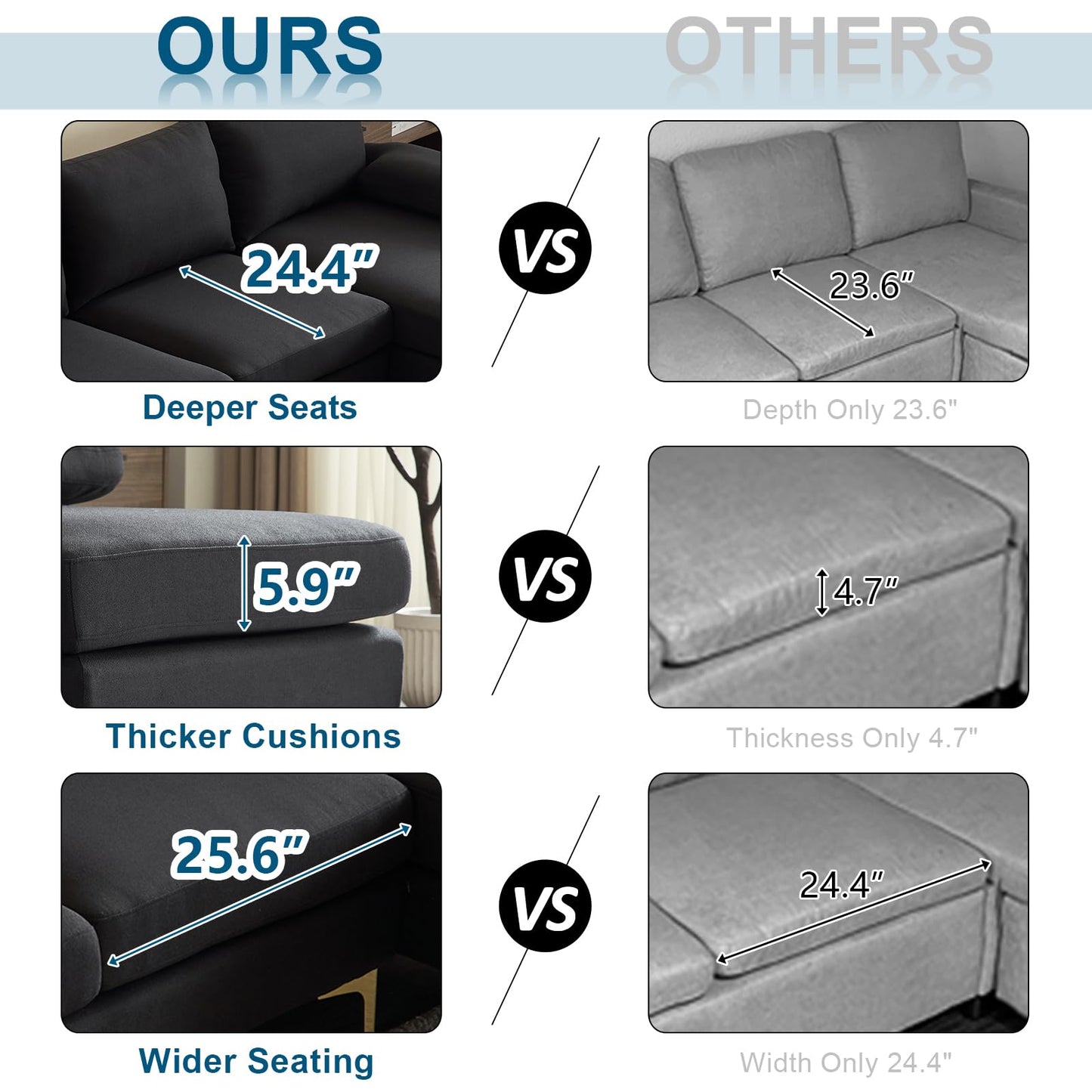 VINGLI 110" Modern Sectional Couch with 51" D Double Chaise, Black Deep Seat U Shaped Couch with Removable Pillows & Metal Legs, Comfy 4-Seat Sofas for Living Room, Linen Fabric