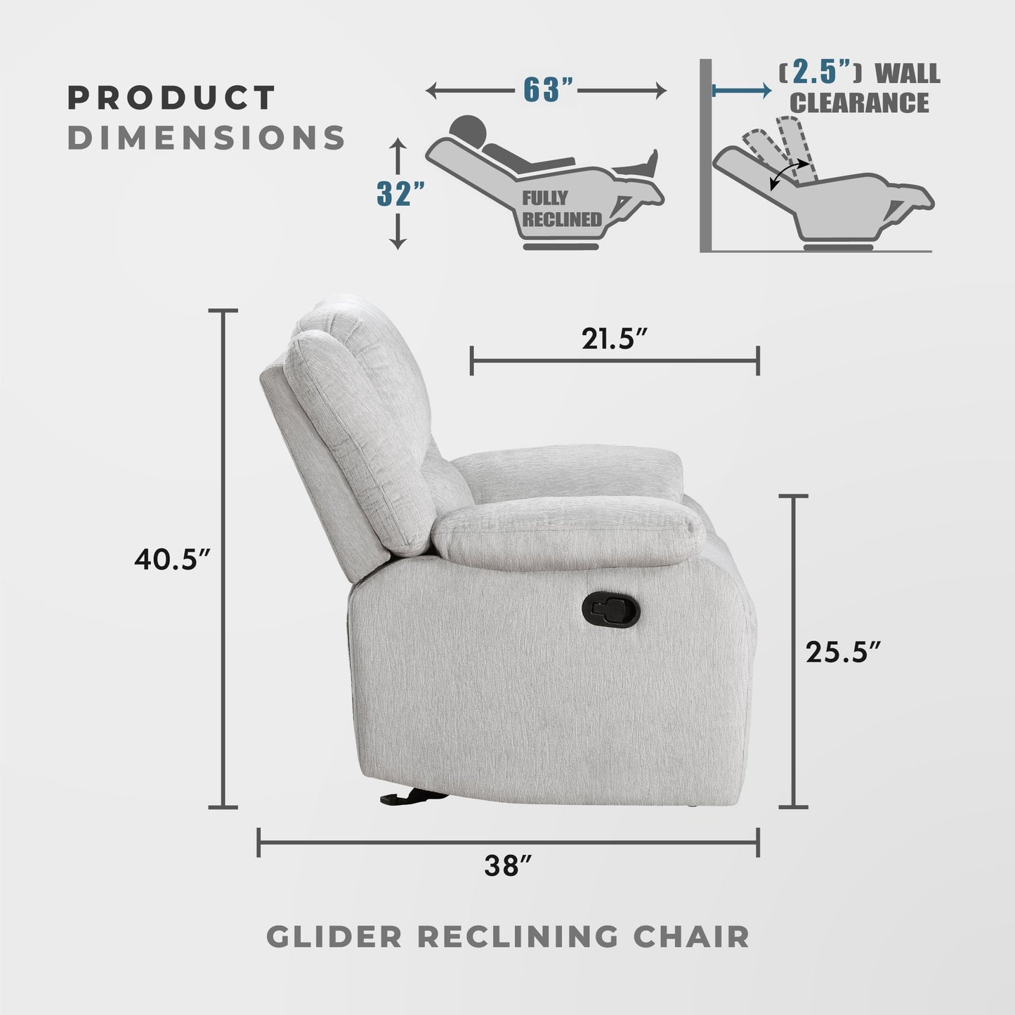 Lexicon Manual Glider Recliner Sofa Chair, Home Theater Seating, Wall Hugger Manual Reclining Nursery Chair for Bedroom/Living Room/Office/Apartment, Grey Chenille