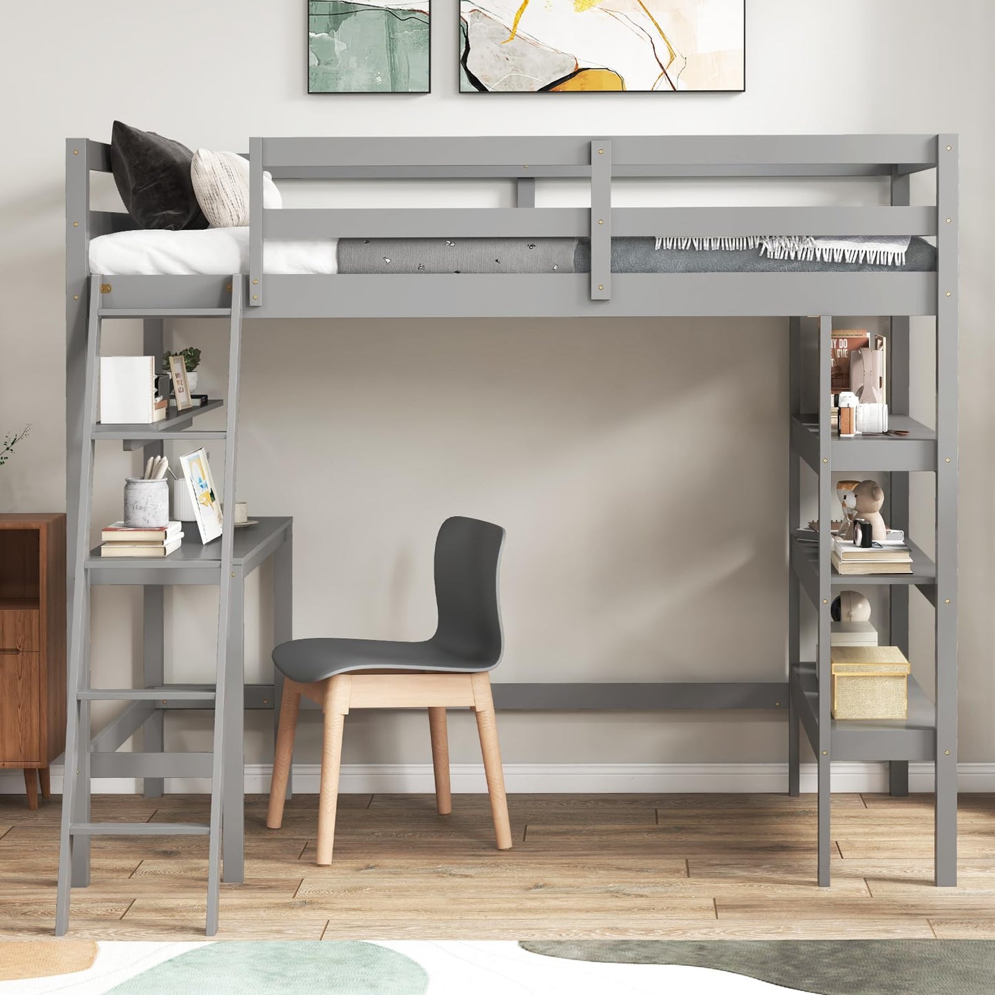KOTEK Twin Loft Bed with Desk & Storage Shelves, Solid Wood Loft Bed Frame with Bookcase, Ladder, Guardrails, Twin Size Loft Bed for Kids, Teens, Drom, Apartment (Grey)