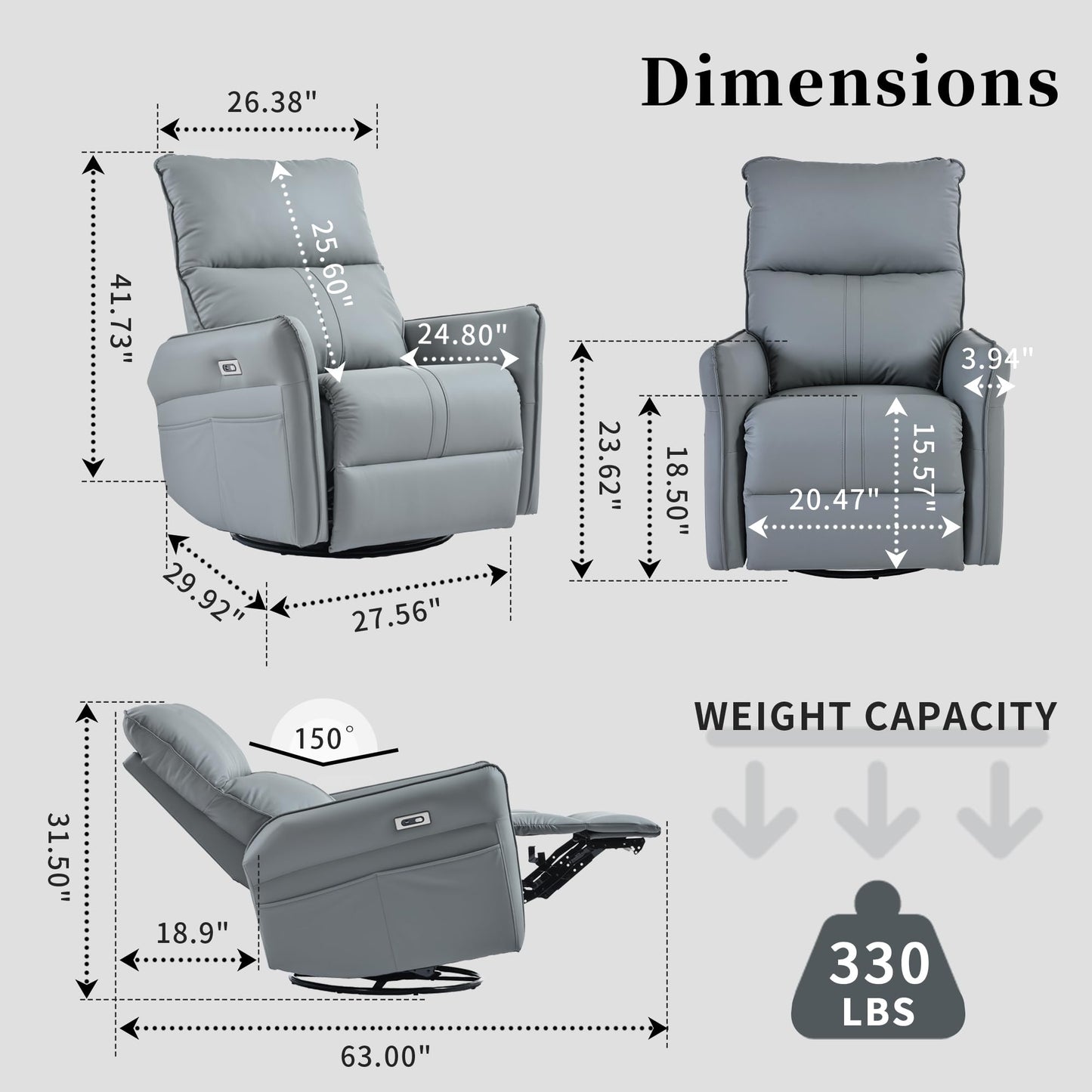 KEIKI 270 Degree Power Swivel PU Leather Power Recliner Chair, Nursery Recliners, Home Theater Recliner Chair, Rocking Chair Electric Glider Reclining Sofa with USB Ports, Blue Gray