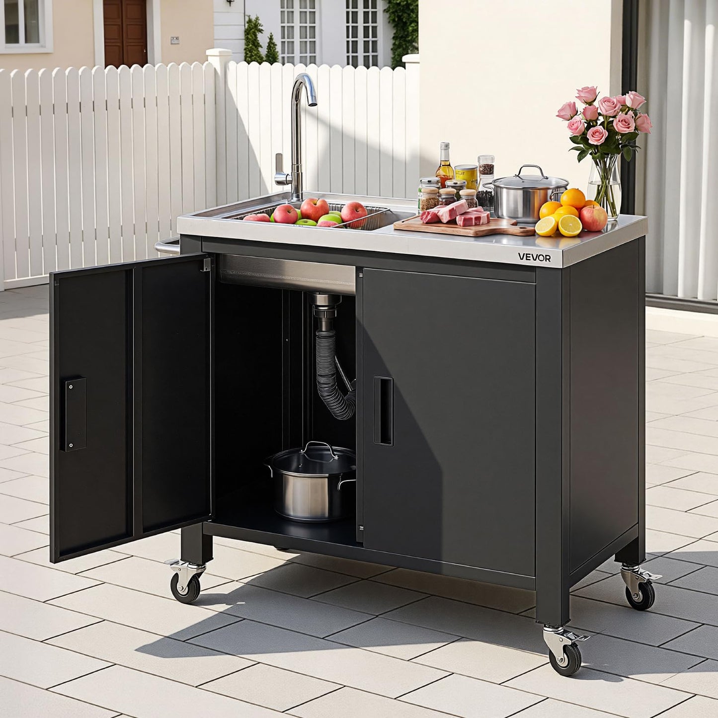 VEVOR Outdoor Grill Cart with Sink and Storage Cabinet, 38 Inch Grill Table, Waterproof Kitchen Island with Stainless Steel Top, Spice Rack, Wheel, Movable Food Prep Station for Patio Bar Backyard BBQ