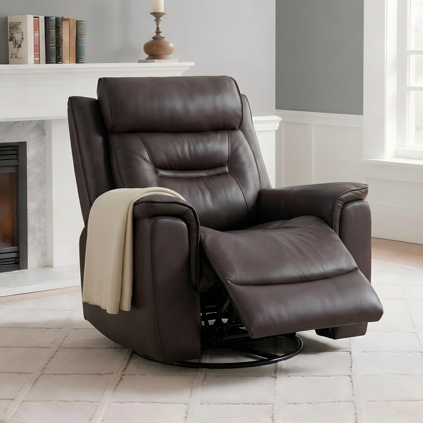 KISLOT Leather Recliner Chair, 360° Swivel Rocker Faux Leather Manual Recliner with Adjustable Backrest & Footrest Ergonomic Single Lounge Chair for Living Room, Bedroom, Home Theater