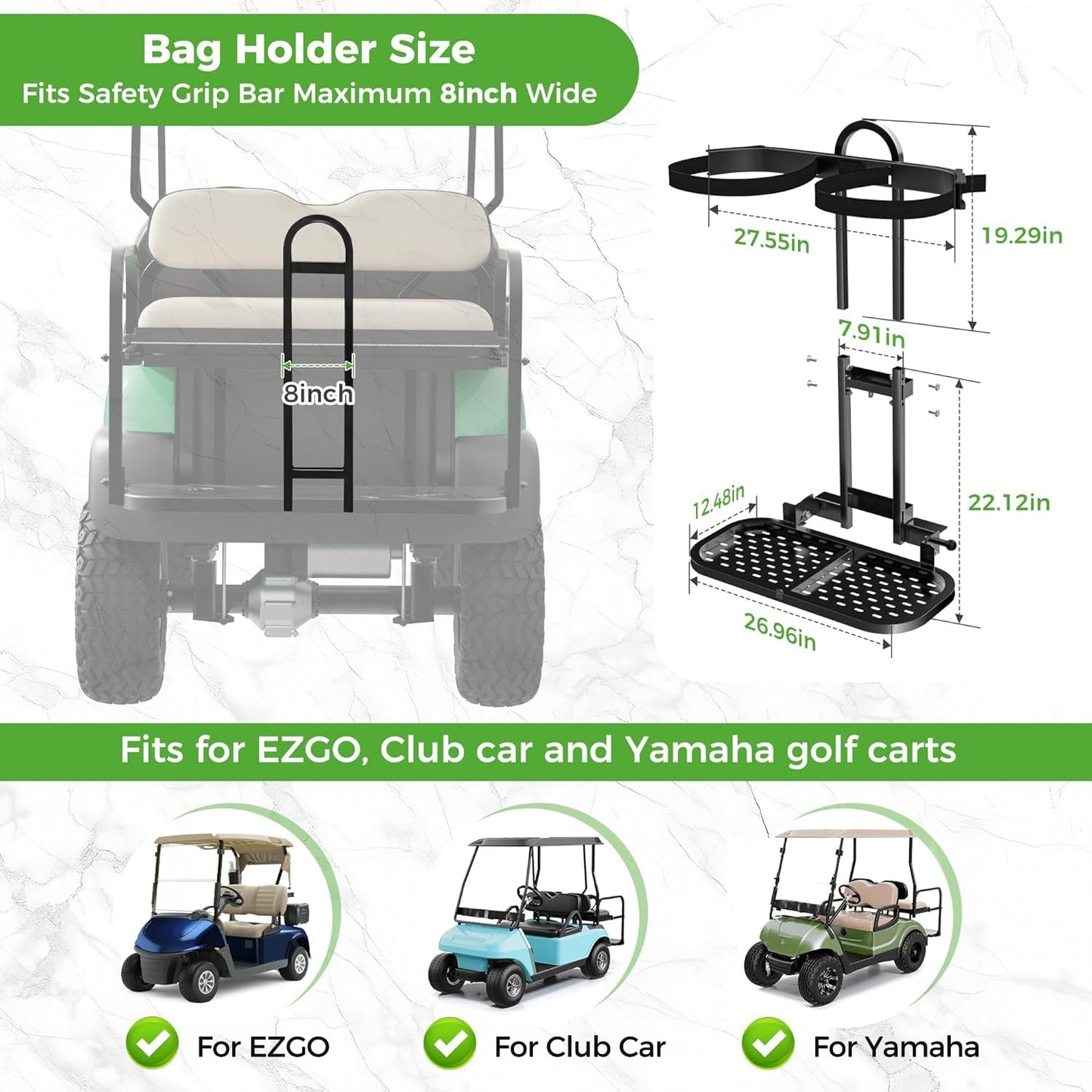 10L0L Universal Foldable Golf Cart Rear Seat Bag Holder Compatible with Yamaha/EZGO/Club Car, Fits Safety Grip Bar Maximum Wide 8in, No Drilling, Space Saving (New for 2026)