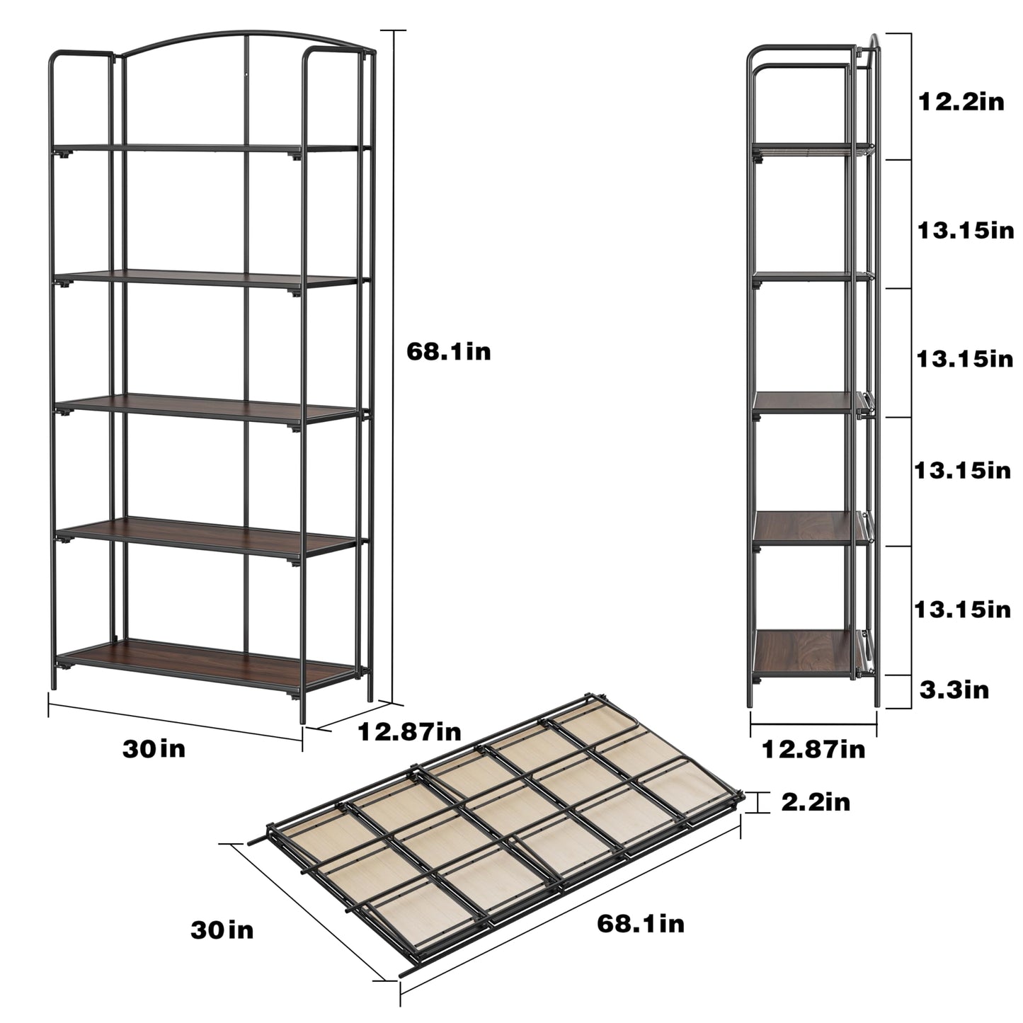 Crofy 5-Tier Wider Foldable Bookshelf, Black Frame & Walnut Shelves