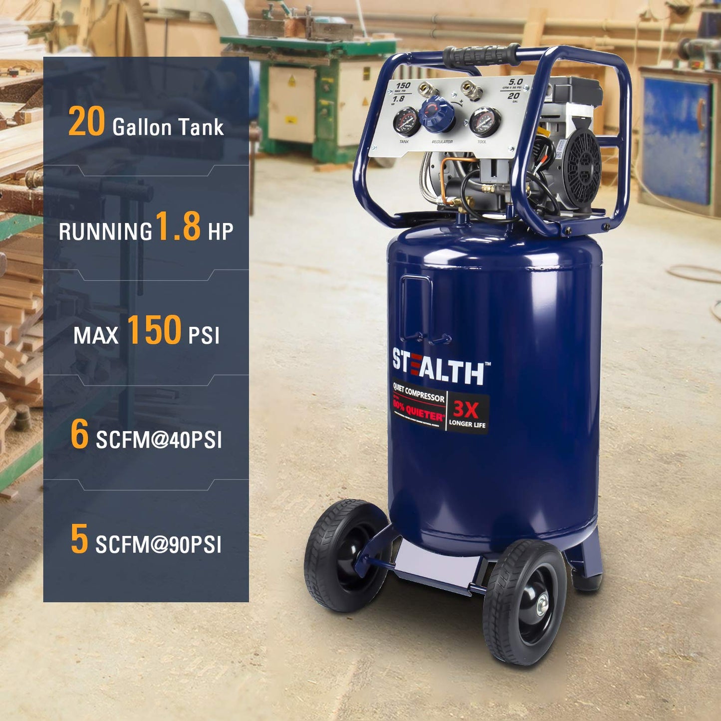 STEALTH 20 Gallon Air Compressor, Ultra Quiet, Oil-Free and Long Life Cycle,1.8 Hp Large Air Compressor with Rubber Wheels (Blue, SAQ-12018)
