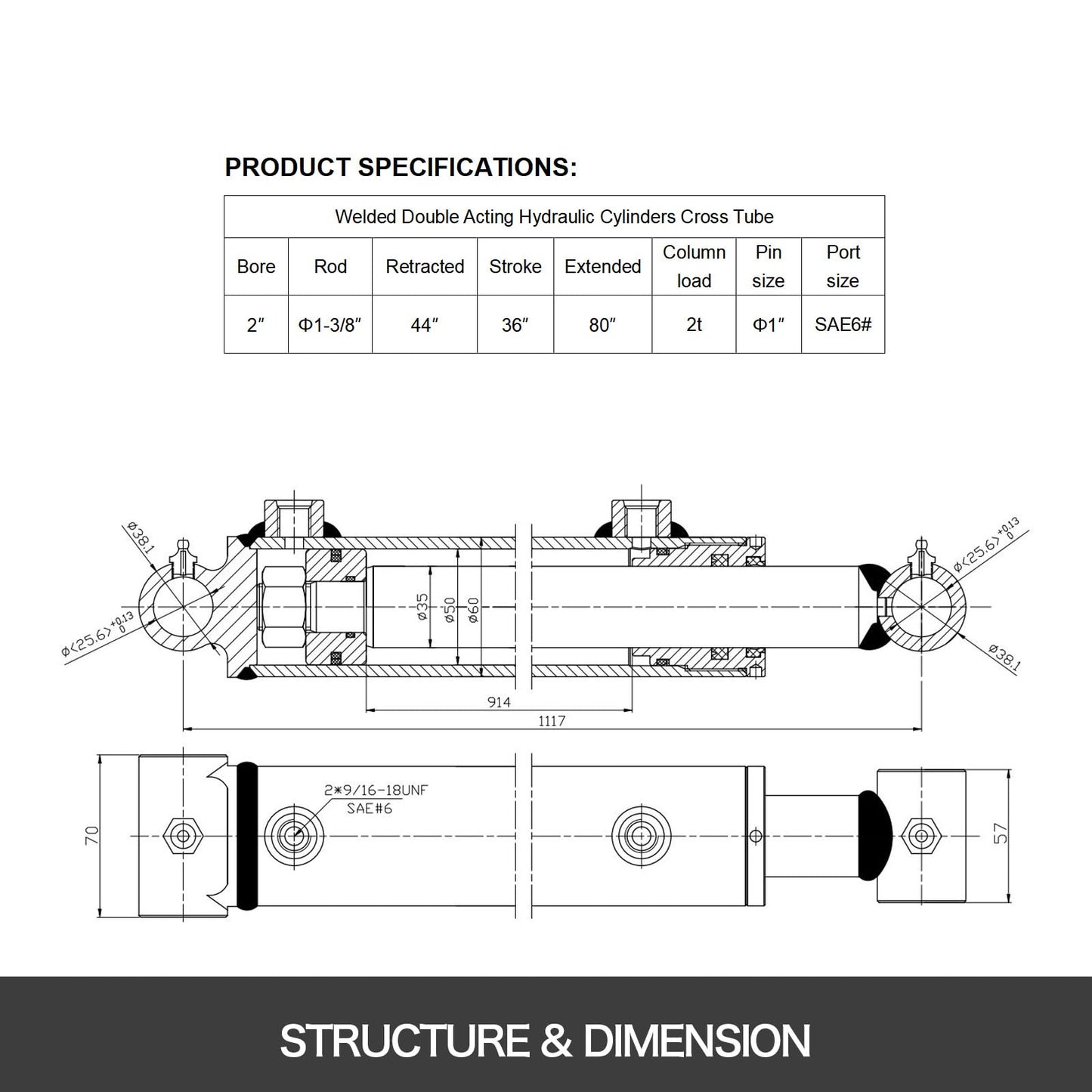VEVOR Hydraulic Cylinder 2" Bore 36" Stroke Hydraulic Ram Cylinder Work Pressure 3000psi Welded Double Acting Cross Tube Port Size SAE6 Hydraulic Lifting Cylinder 2 x 36 inches Max Length 80 inches