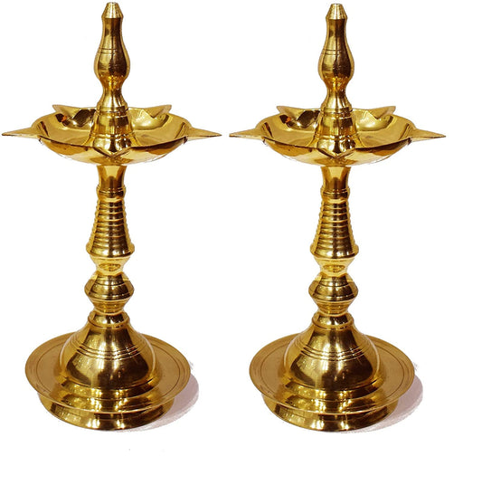 Craftsman Brass Kerala Samai Diya Oil Lamp, 10 Inch, Gold, Pack of 2, Traditional Pooja Deepak for Diwali